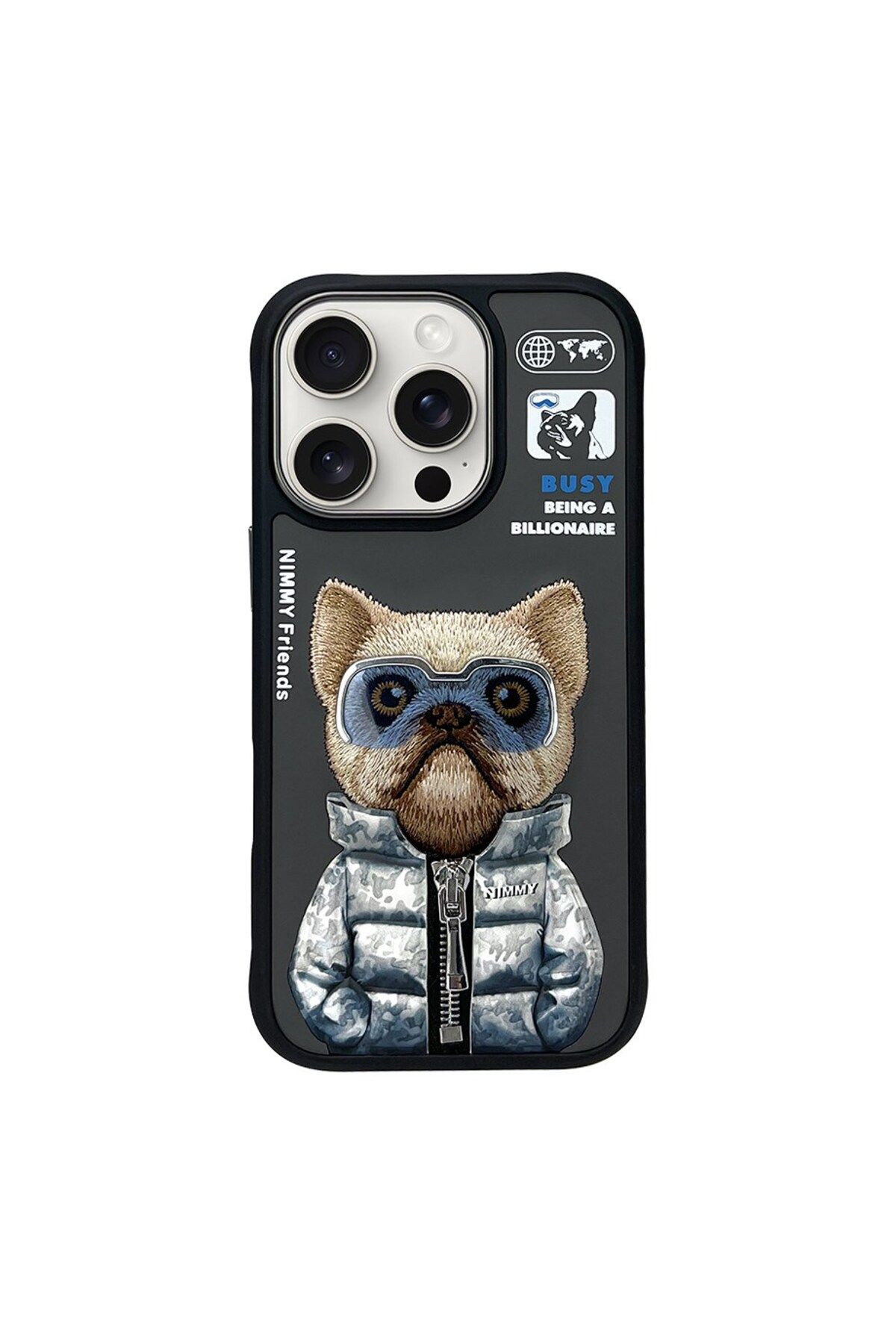 Nimmy iPhone 16 Pro Max Uyumlu 3D Gözlük Fermuar Köpek Detaylı Nakış İşlemeli Kabartmalı Cool Cute Kılıf