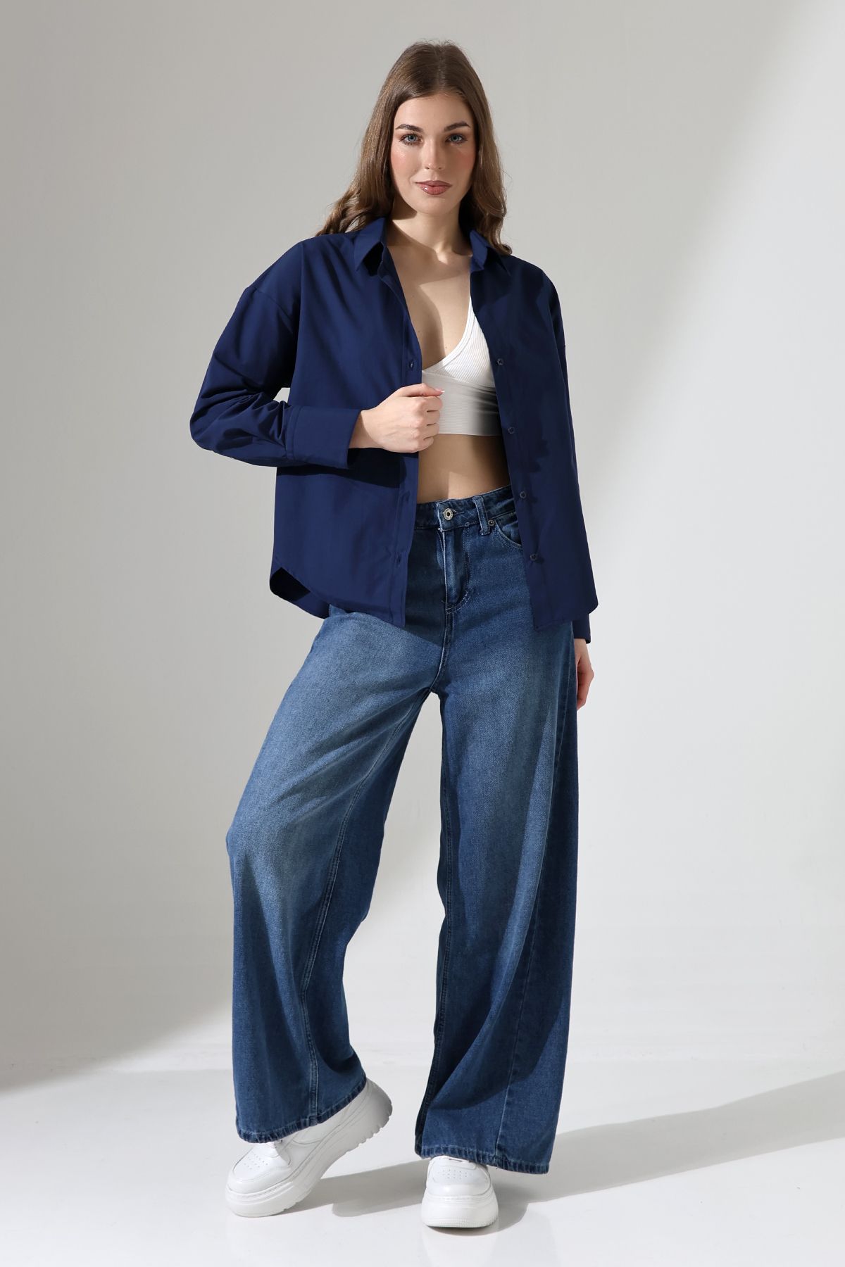GÖMLEKÇİNİZ Oversize Kalıp Poplin Kumaş Lacivert Basic Kadın Gömlek