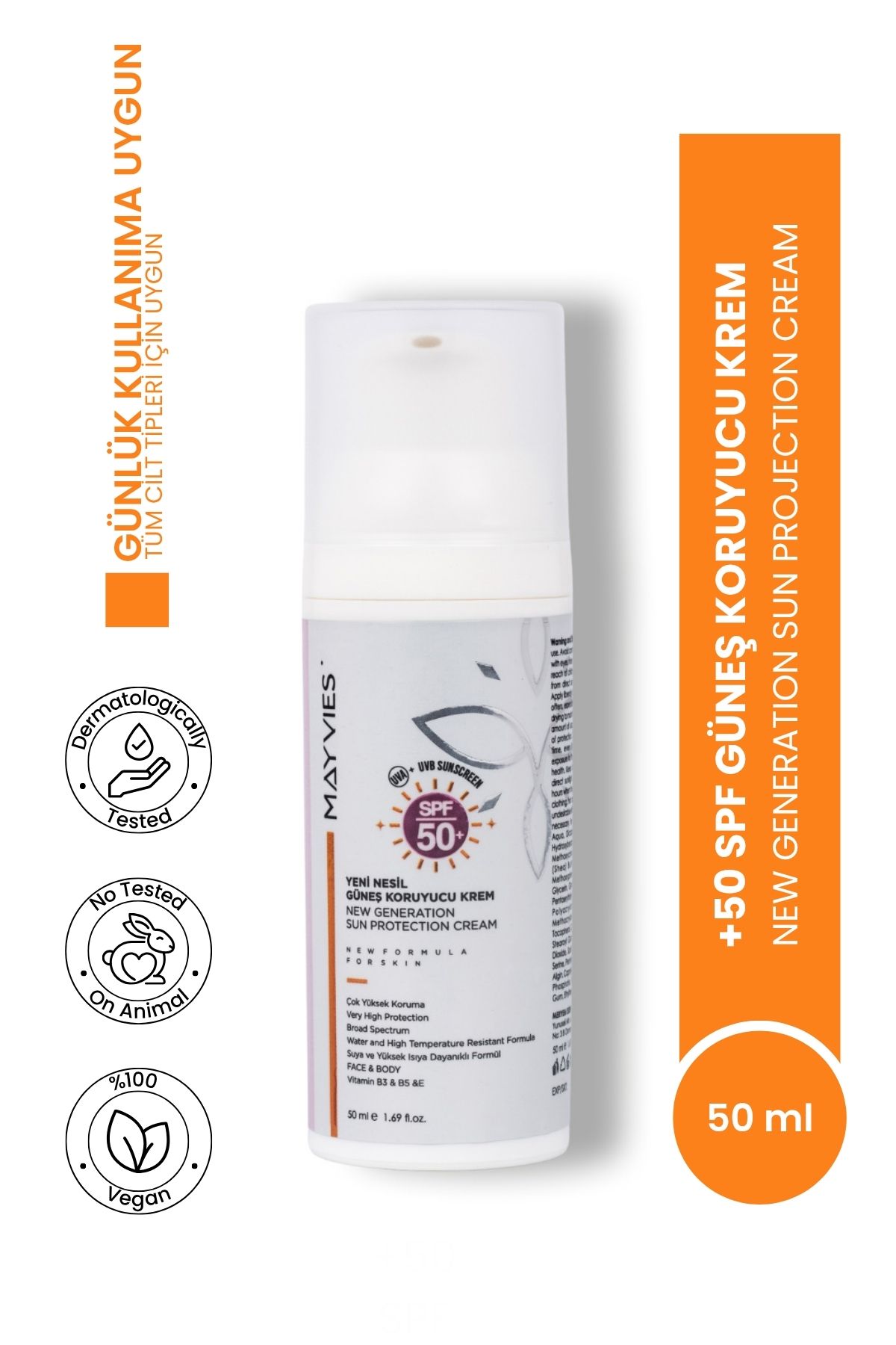 MAYVIES Güneş Koruyucu Krem SPF50+ Ultra UVA+UVB Koruma Beyazlık Bırakmaz Yağsız Formül 50ml