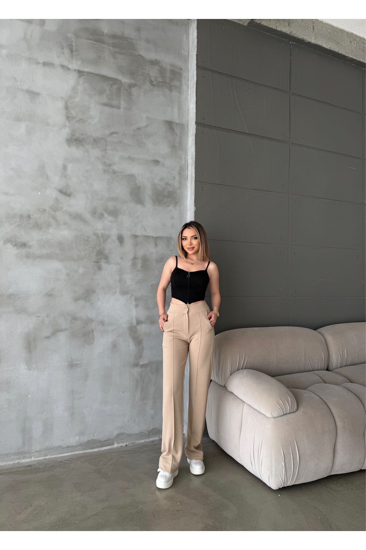 RPT MODA ÖNÜ DİKİŞLİ LİKRALI YÜKSEK BEL PALAZZO PANTOLON