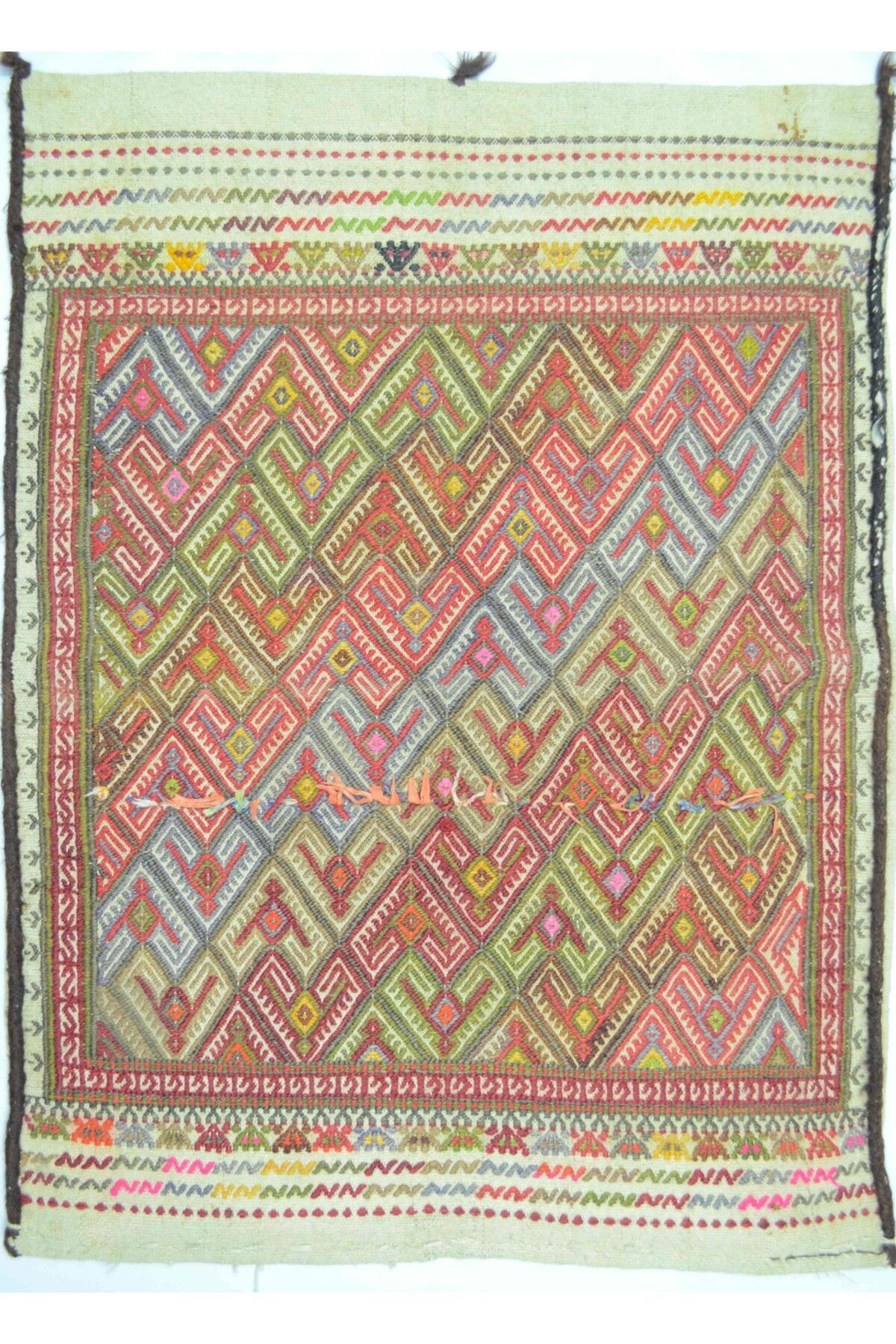 Handmade Vintage Konya Cicim El Dokuma Krem Zeminli Çok Renkli Yün Yastık 66x94 cm (0,62 m²)