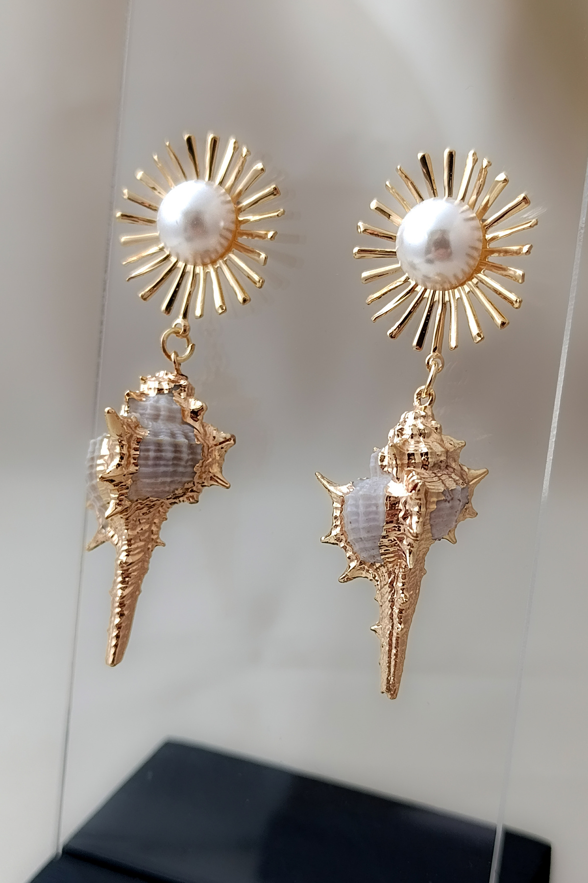 COSİTA-Seashell Gold Sun Figure Large Size Pearl Detail Long Dangle Earrings 7