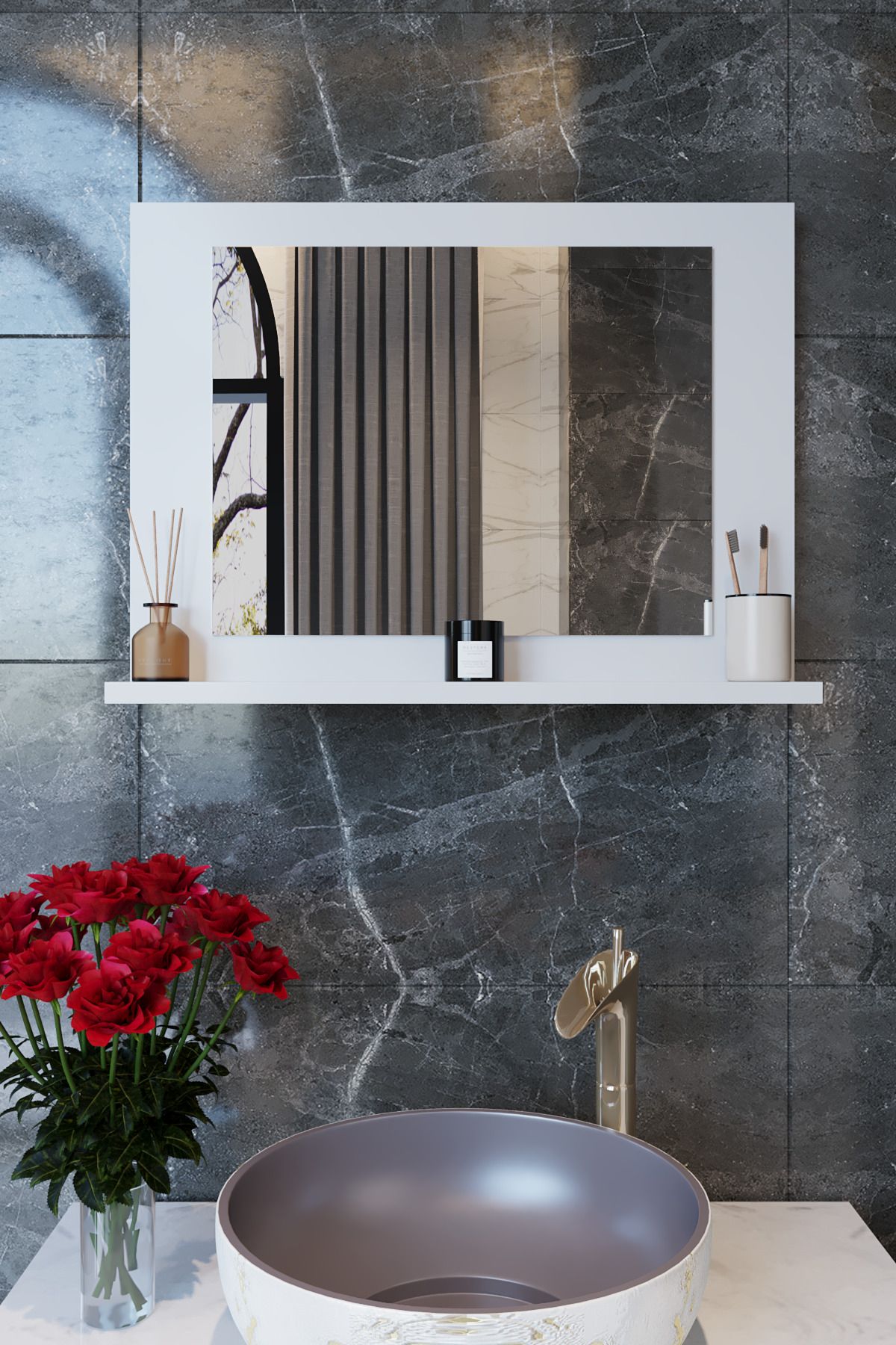 TETTO ELAGANTE Yakut Dresuar,60x45 Beyaz Raflı Banyo Aynası Beyaz