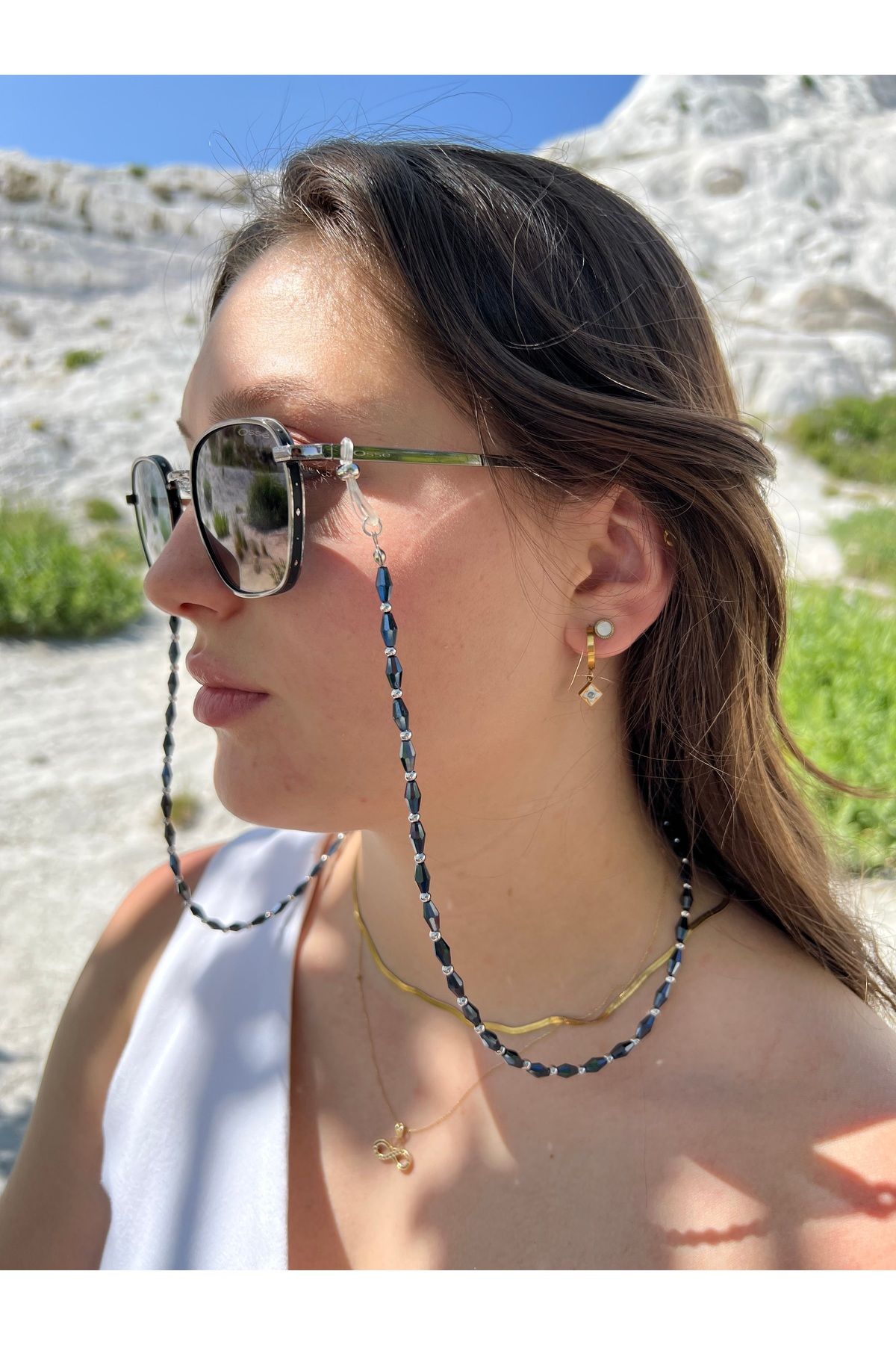 glasses accessory Gözlük zinciri gözlük askısı parlak füme gümüş boncuklu