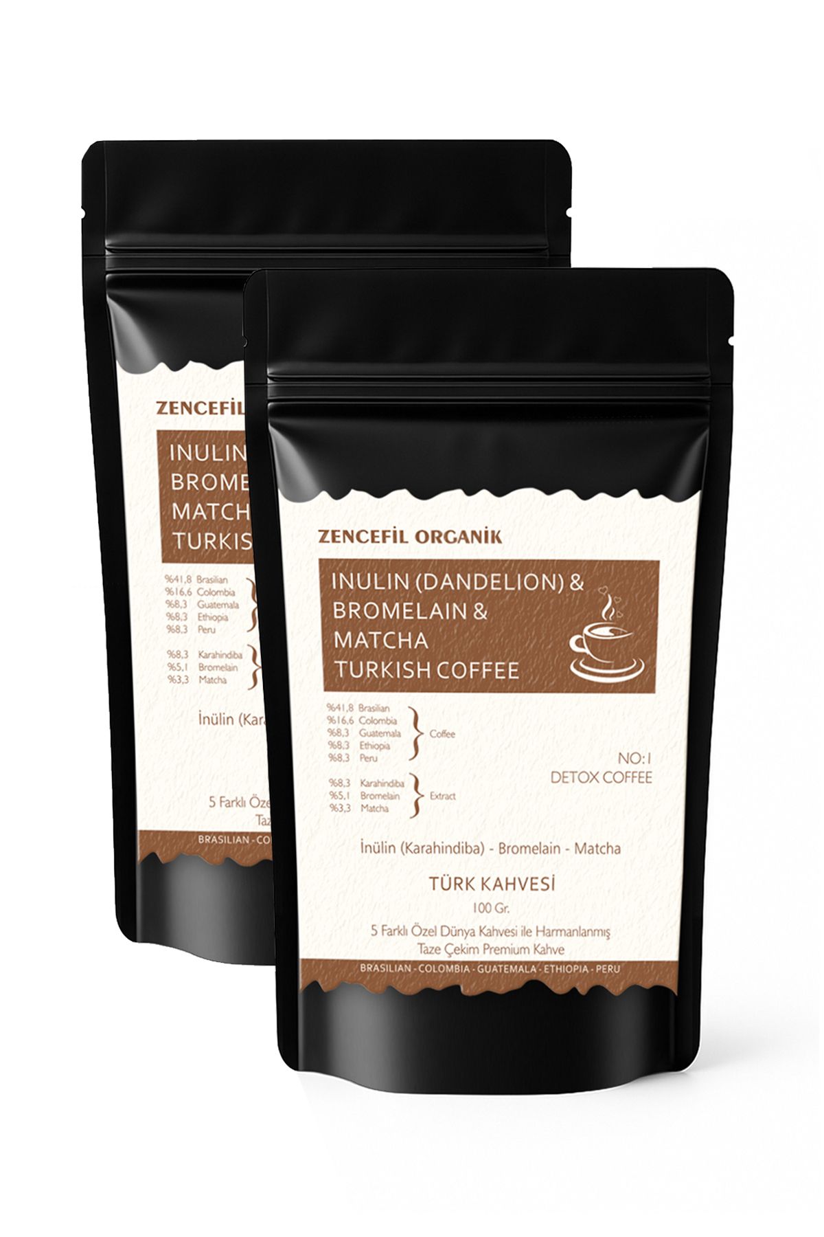 Zencefil Organik İnülin Bromelain Matcha Coffee 2 Paket Türk Kahvesi 100 Gr. x 2 Adet Karahindiba Kahvesi