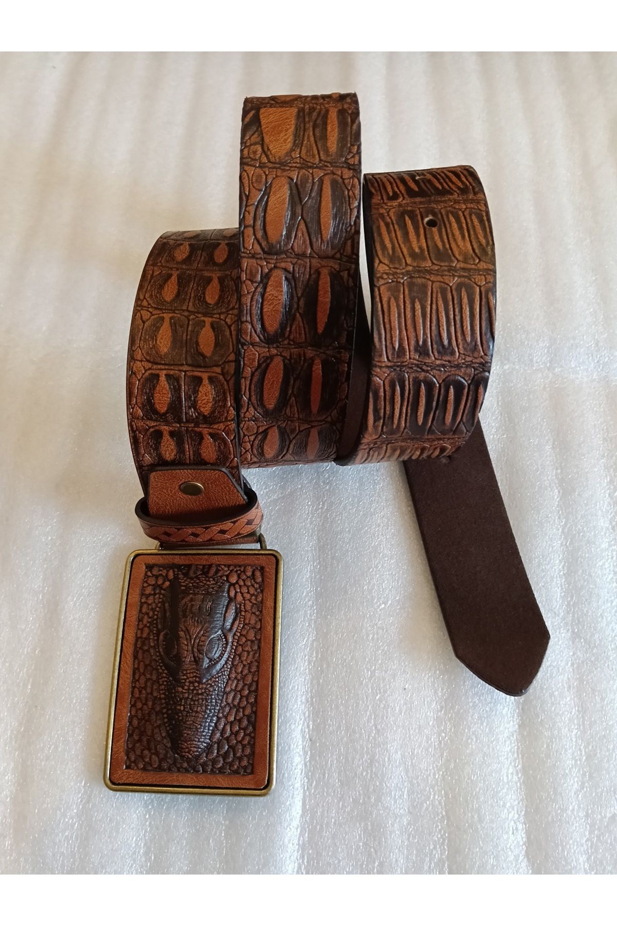 Butik Tülin Unisex otantik suni deri taba kroko baskılı bronz timsah başı kovboy tokalı kemer Tayland