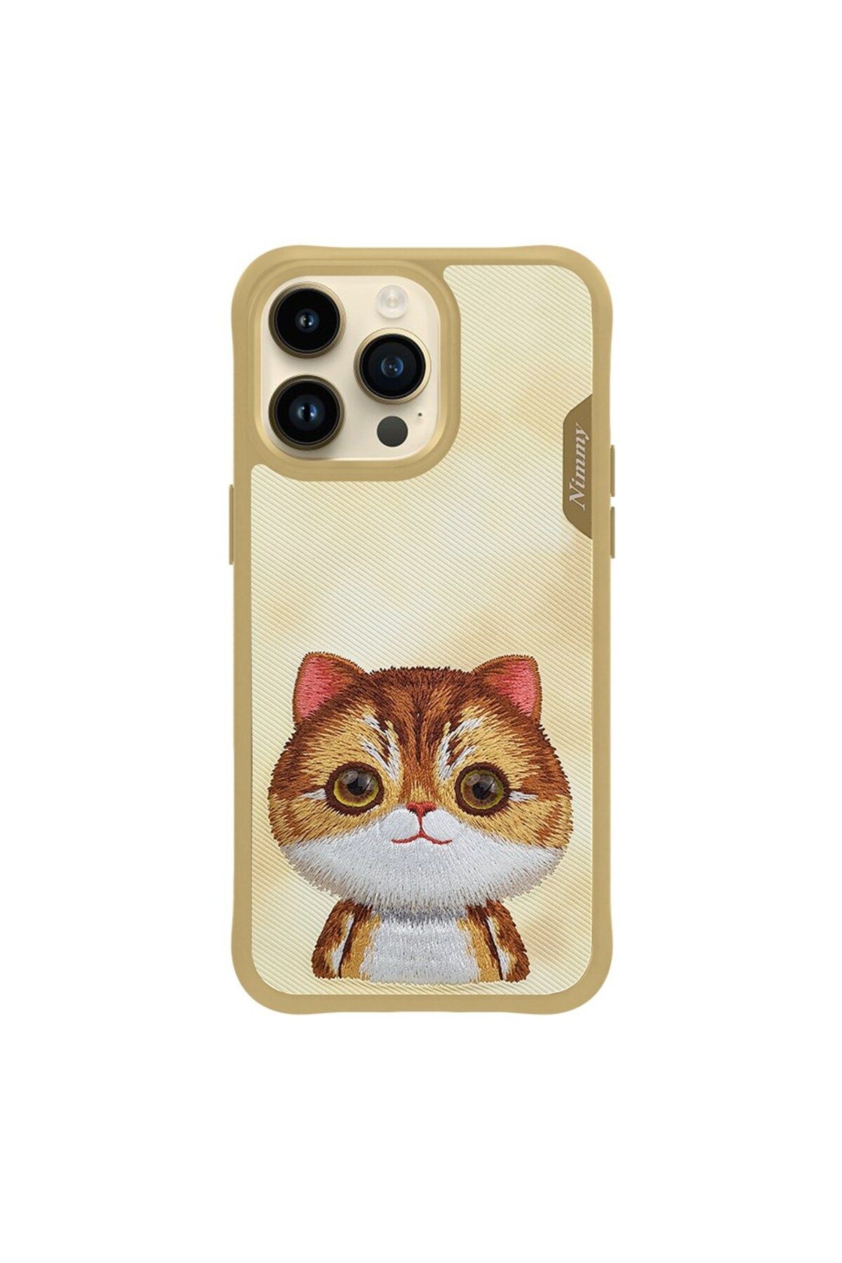Nimmy iPhone 15 Pro Max Uyumlu 3D Göz Golden Kedi Detaylı Gerçek Nakış İşlemeli Kabartmalı Big Eyes Kılıf