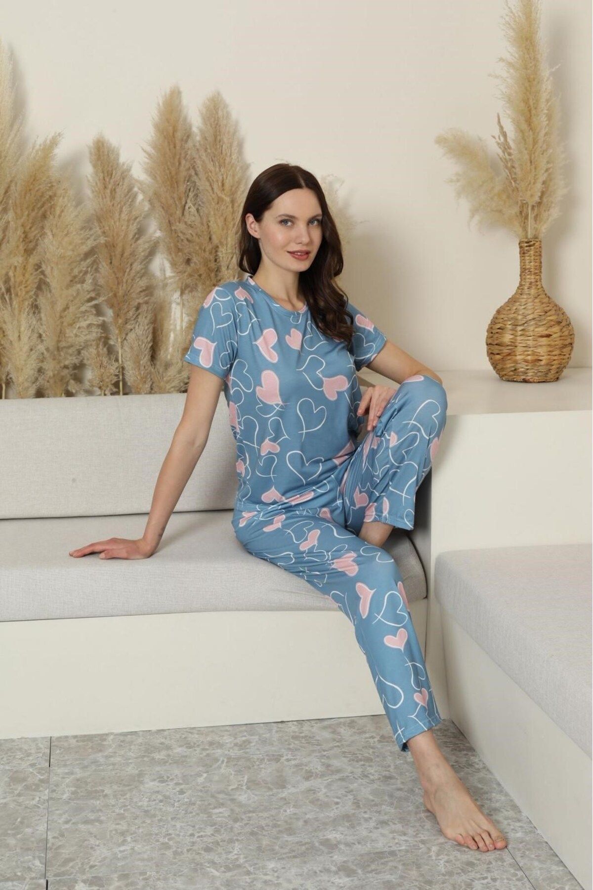 bie's Kadın Desenli Bisiklet Yaka Düğmesiz Bambu Yazlık Kısa Kol Pijama Takımı-Dar Kesim