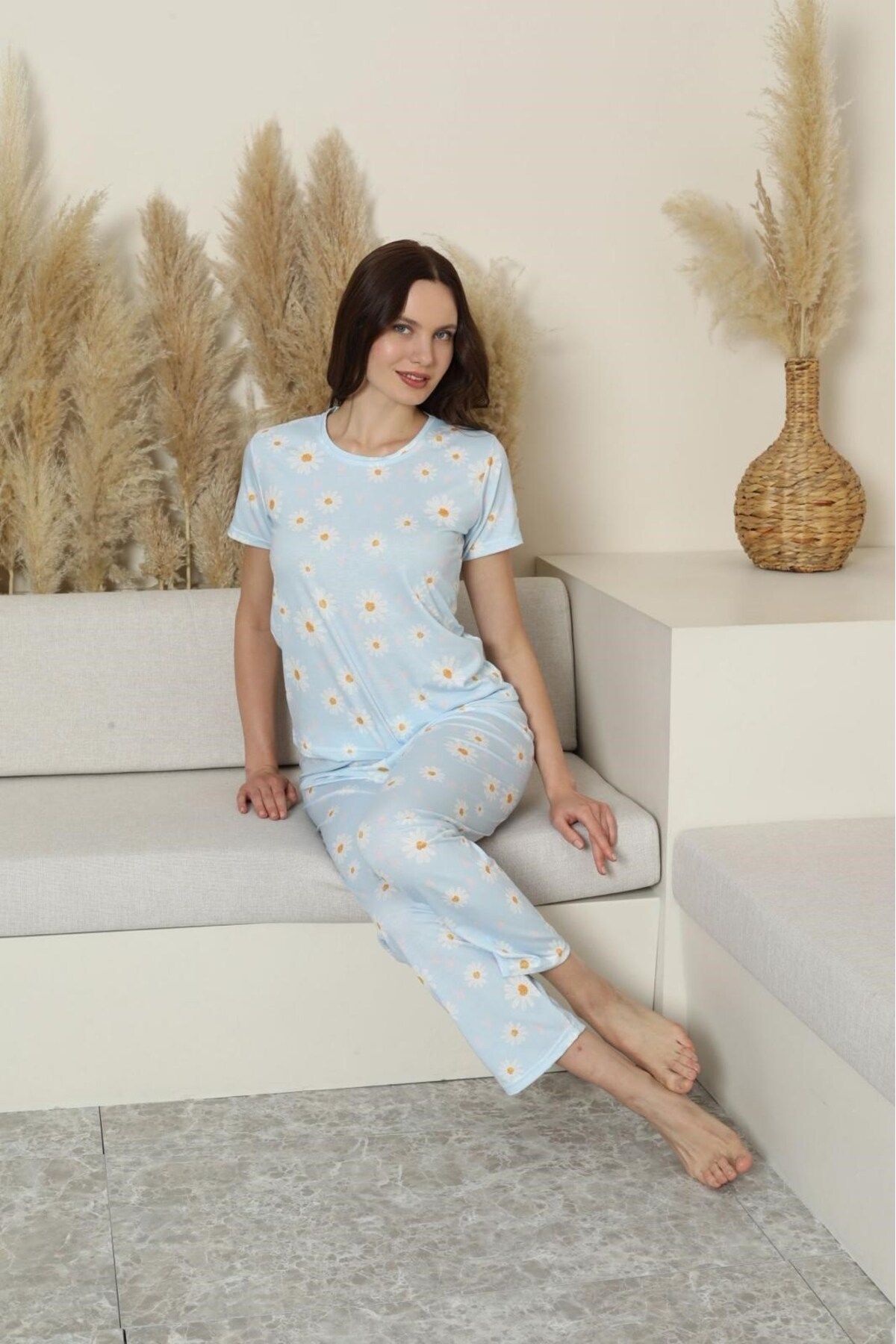 bie's Kadın Desenli Bisiklet Yaka Düğmesiz Bambu Yazlık Kısa Kol Pijama Takımı-Dar Kesim
