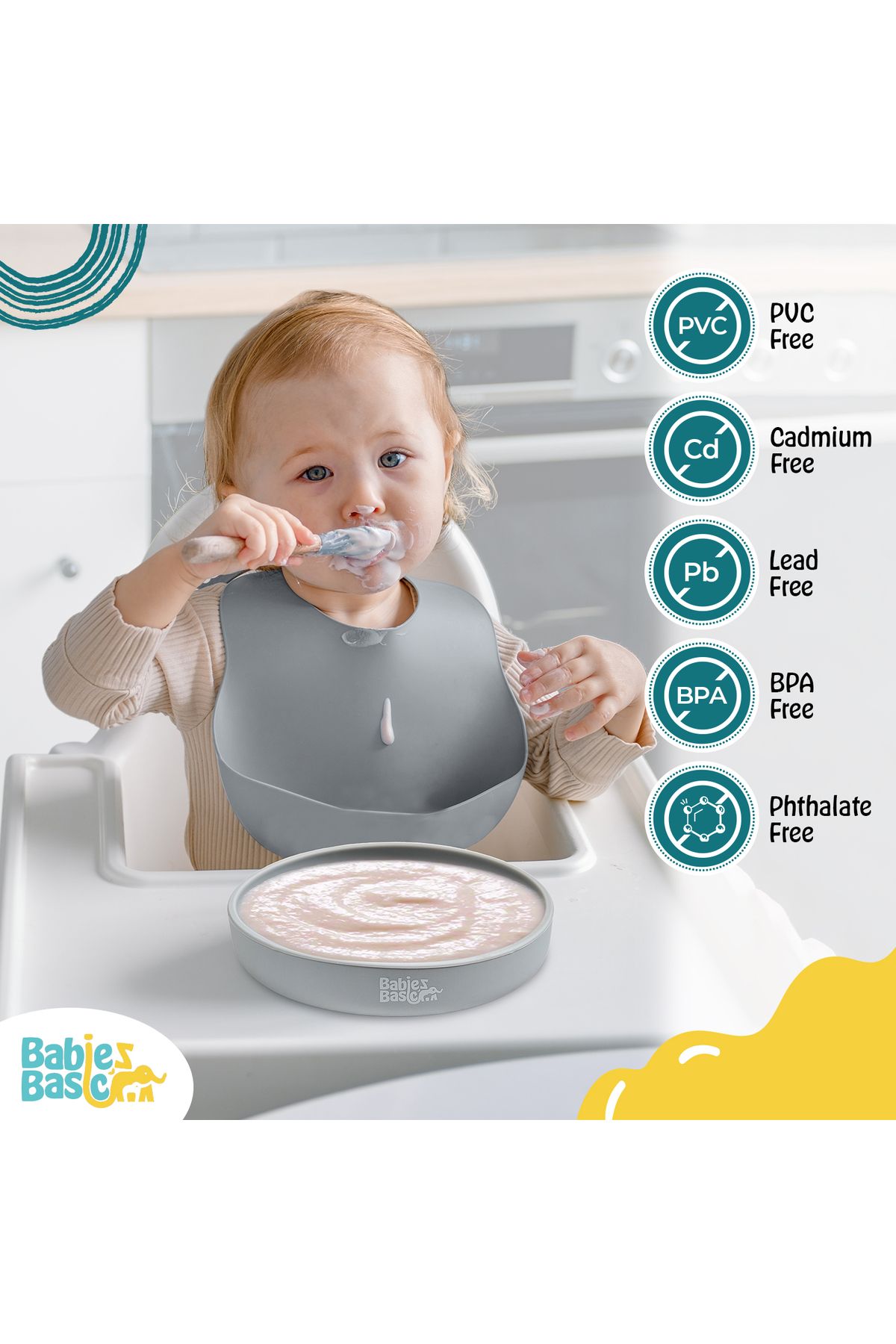 Babies Basic-صفيحة تغذية من السيليكون مع شفط - رمادي 4