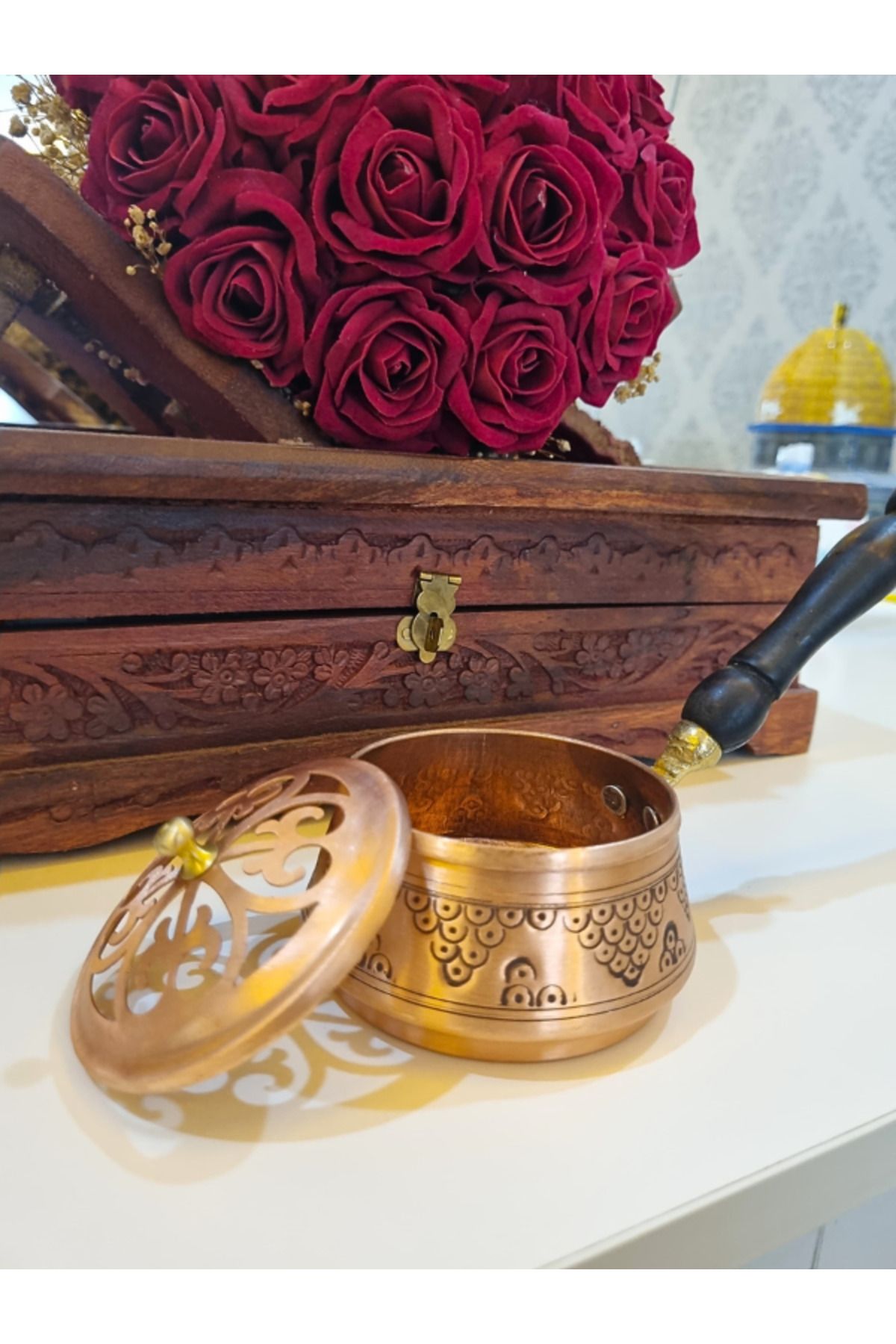 COPPERMALL HANDMADE Bakır Tütsülük Ahşap Saplı Buhurdanlık