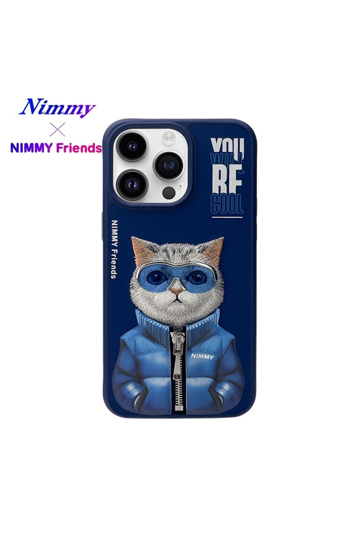 Nimmy iPhone 15 Pro Max Uyumlu 3D Gözlük Fermuar Kedi Detaylı Nakış İşlemeli Kabartmalı Cool Cute Kılıf