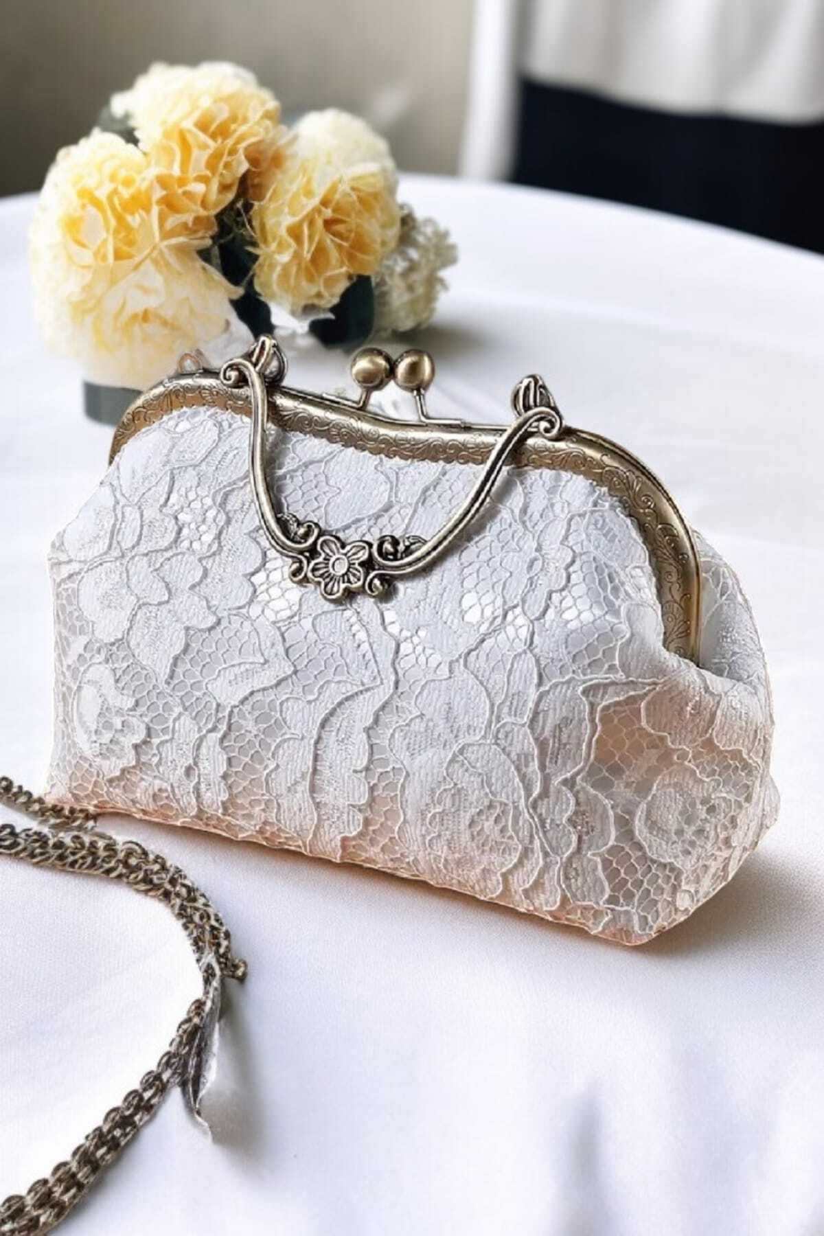 W MAX WM Fransız Dantel Model Şık Ve Kaliteli Gelin Çantası Nikah Çantası Omuz Ve Abiye Çanta Atrasit Kasa