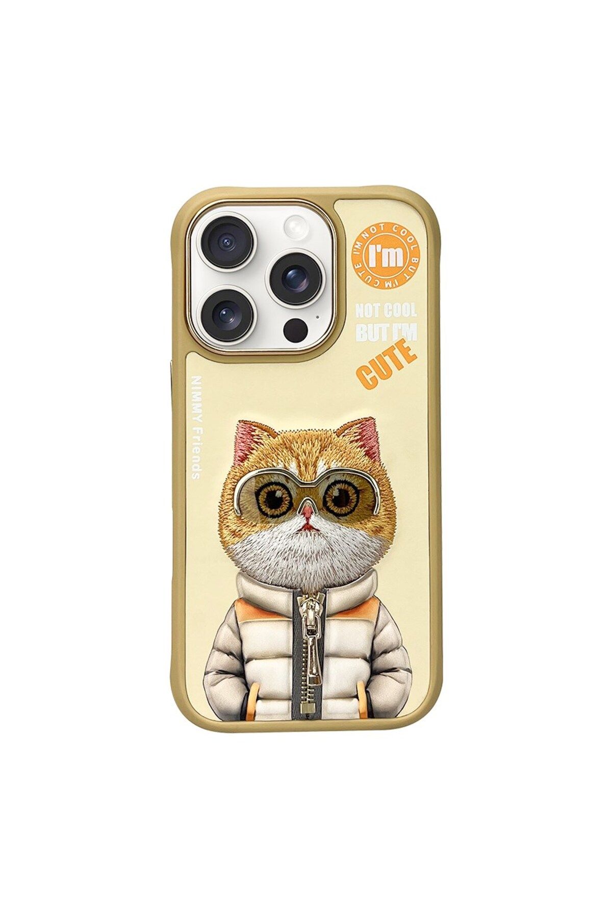 Nimmy iPhone 16 Pro Uyumlu 3D Gözlük Fermuar Hipster Kedi Nakış İşlemeli Kabartmalı Cool Cute Kılıf