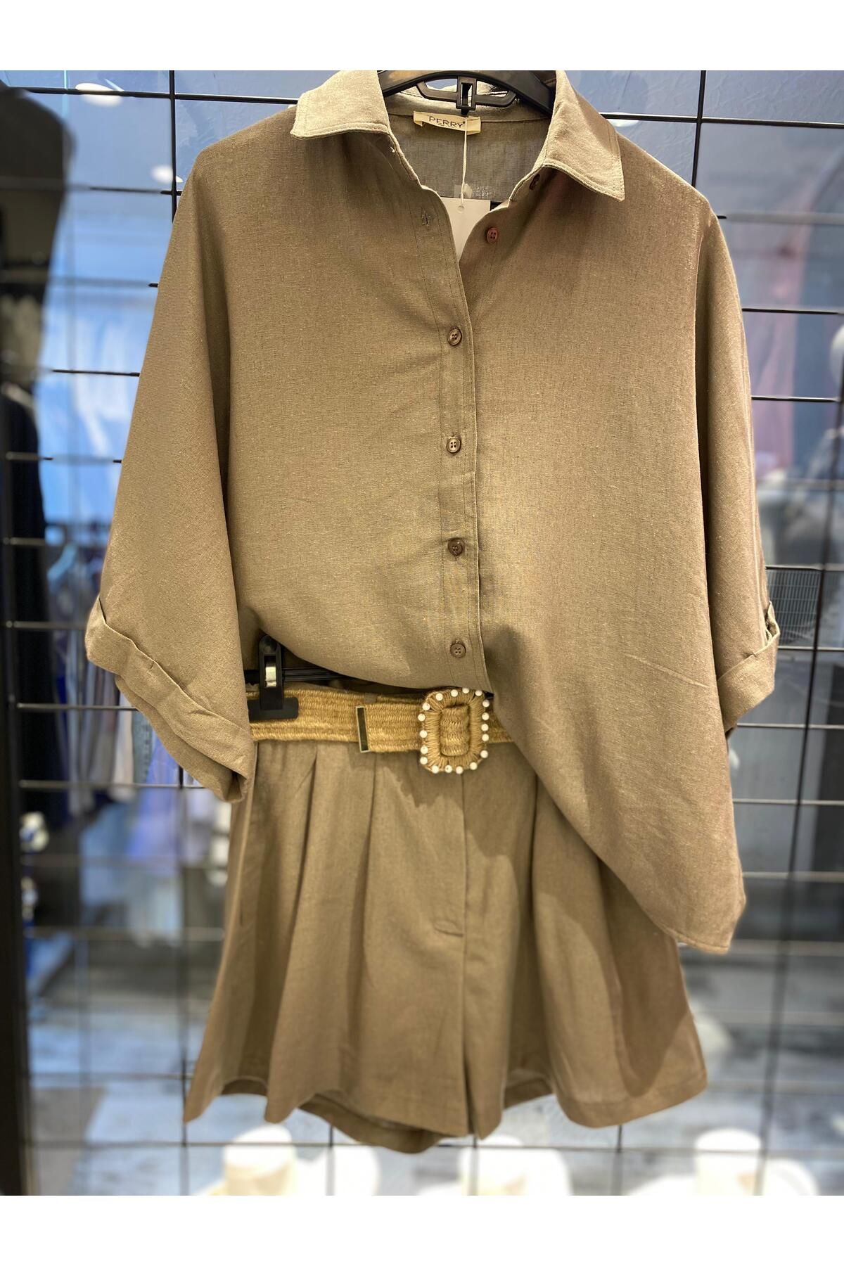 MODA Vizon Hasır Kemerli Şort Gömlek Keten Takım