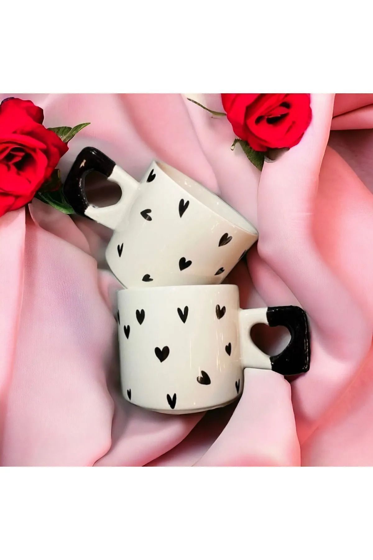 Kırtasiye Ofisi Minimalist 2'li Siyah Kalp Desenli El Yapımı Doğal Seramik Kalp Kupa Mug - Çay & Kahve Fincanı