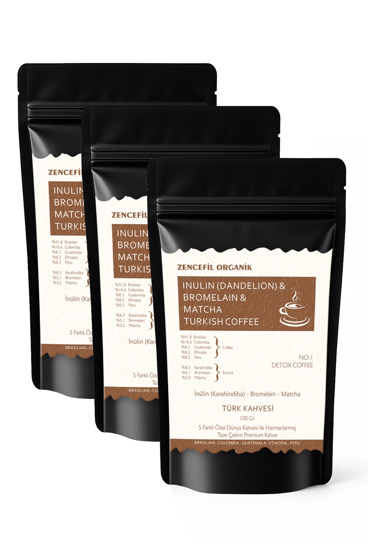 Zencefil Organik İnülin Bromelain Matcha Coffee 3 Paket Türk Kahvesi 100 Gr. x 3 Adet Karahindiba Kahvesi Taze Çekim