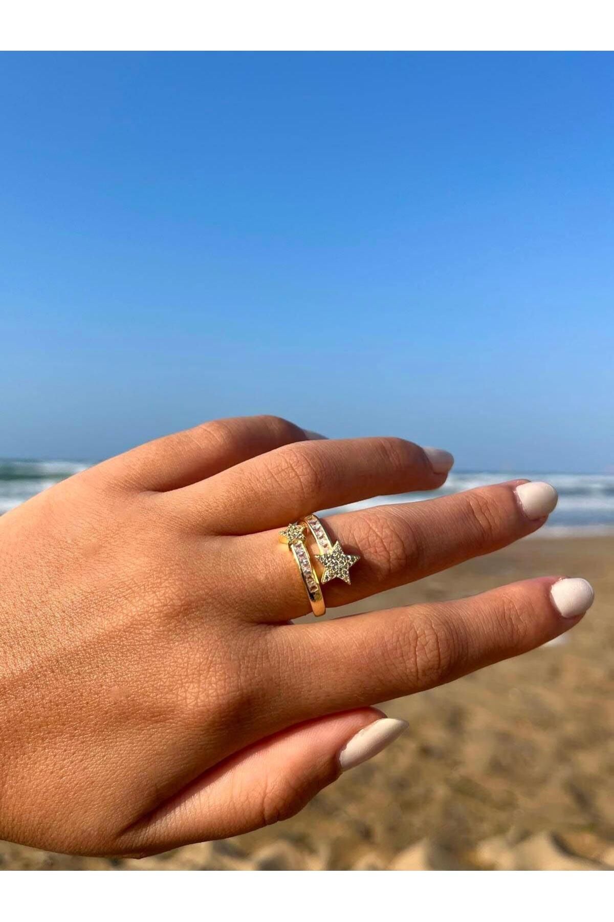 Zerys Jewelry Yıldız Model Taşlı Gold Ayarlanabilir Yüzük