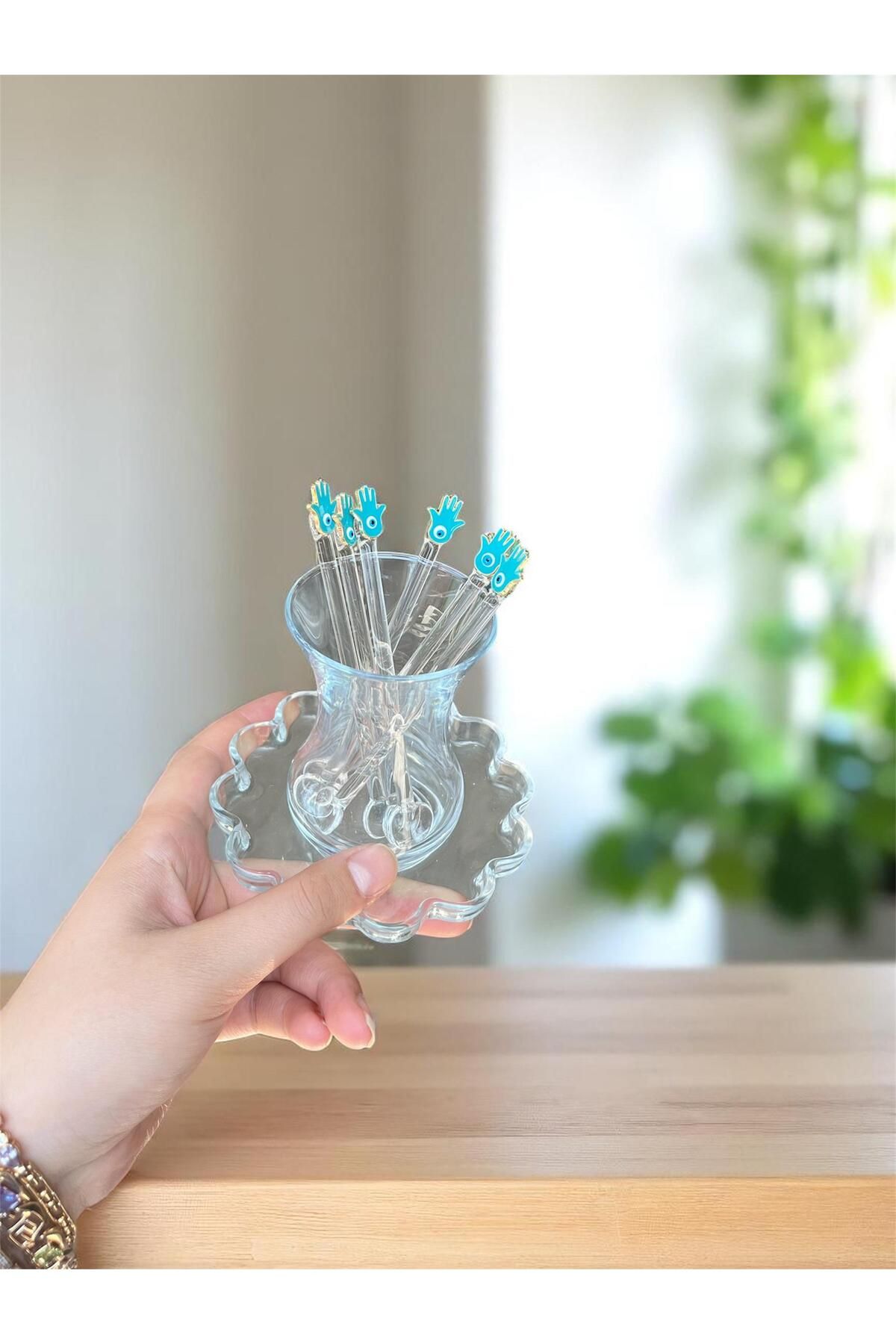 Arsglass GÖZLÜ FATMA ELİ 6LI CAM ÇAY KAŞIK SETİ