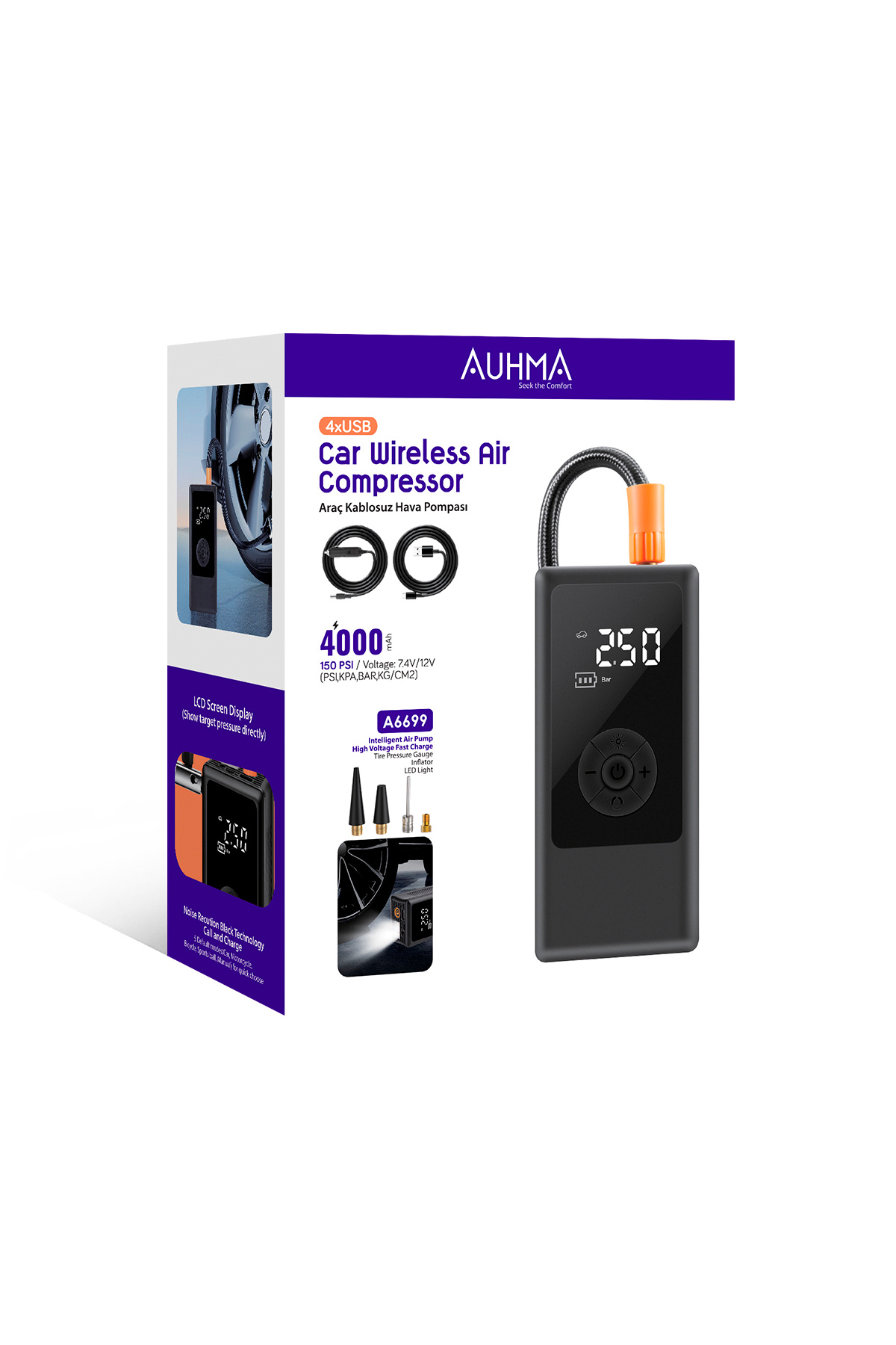 auhma A6699 Kablosuz Dijital Araç Hava Kompresörü | 150 PSI | 4000mAh | 4 USB | LCD Ekranlı & LED Iş