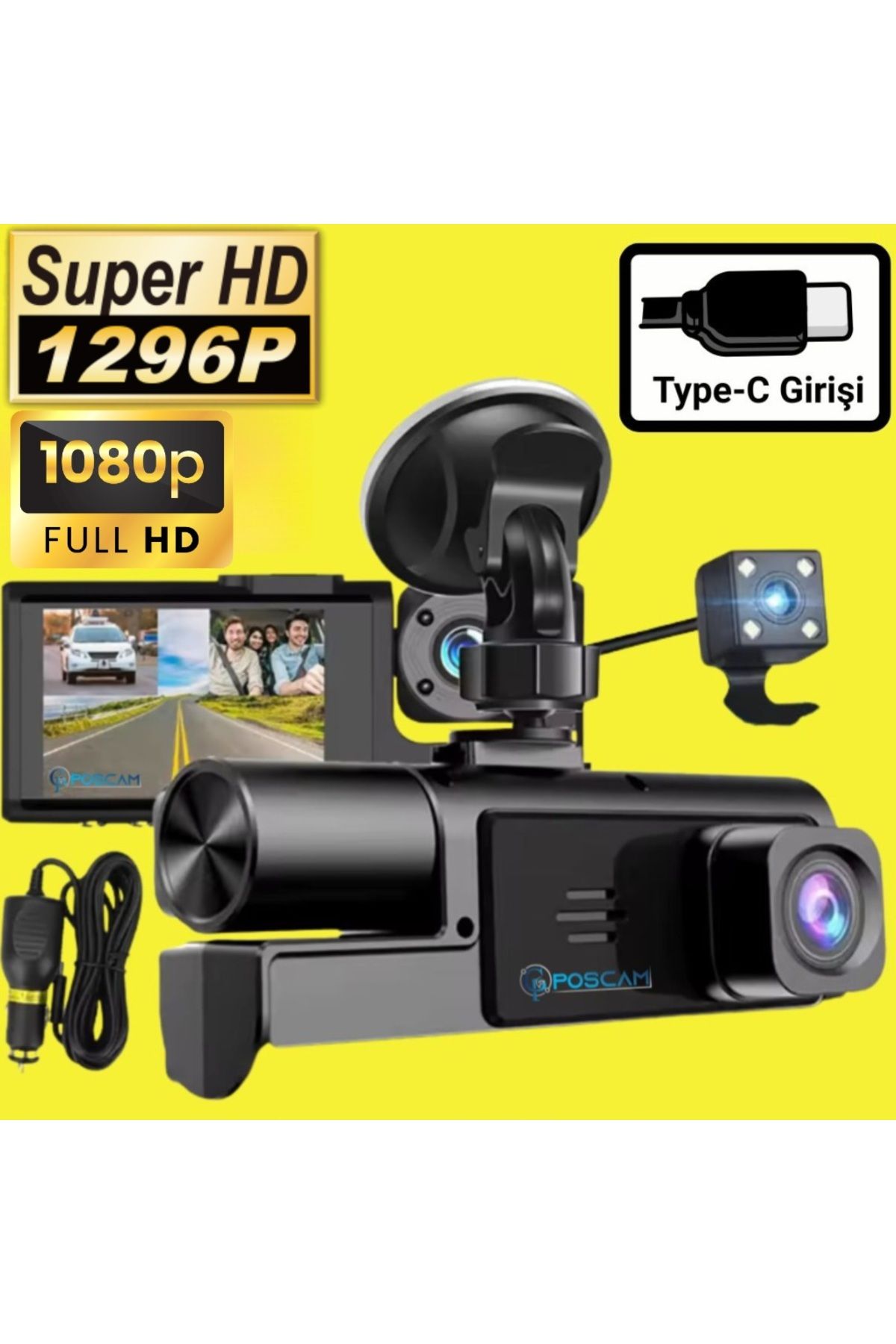 POSCAM SUPER HD ÜÇ KAMERALI GECE GÖRÜŞLÜ ARAÇ KAMERASI Uyumlu