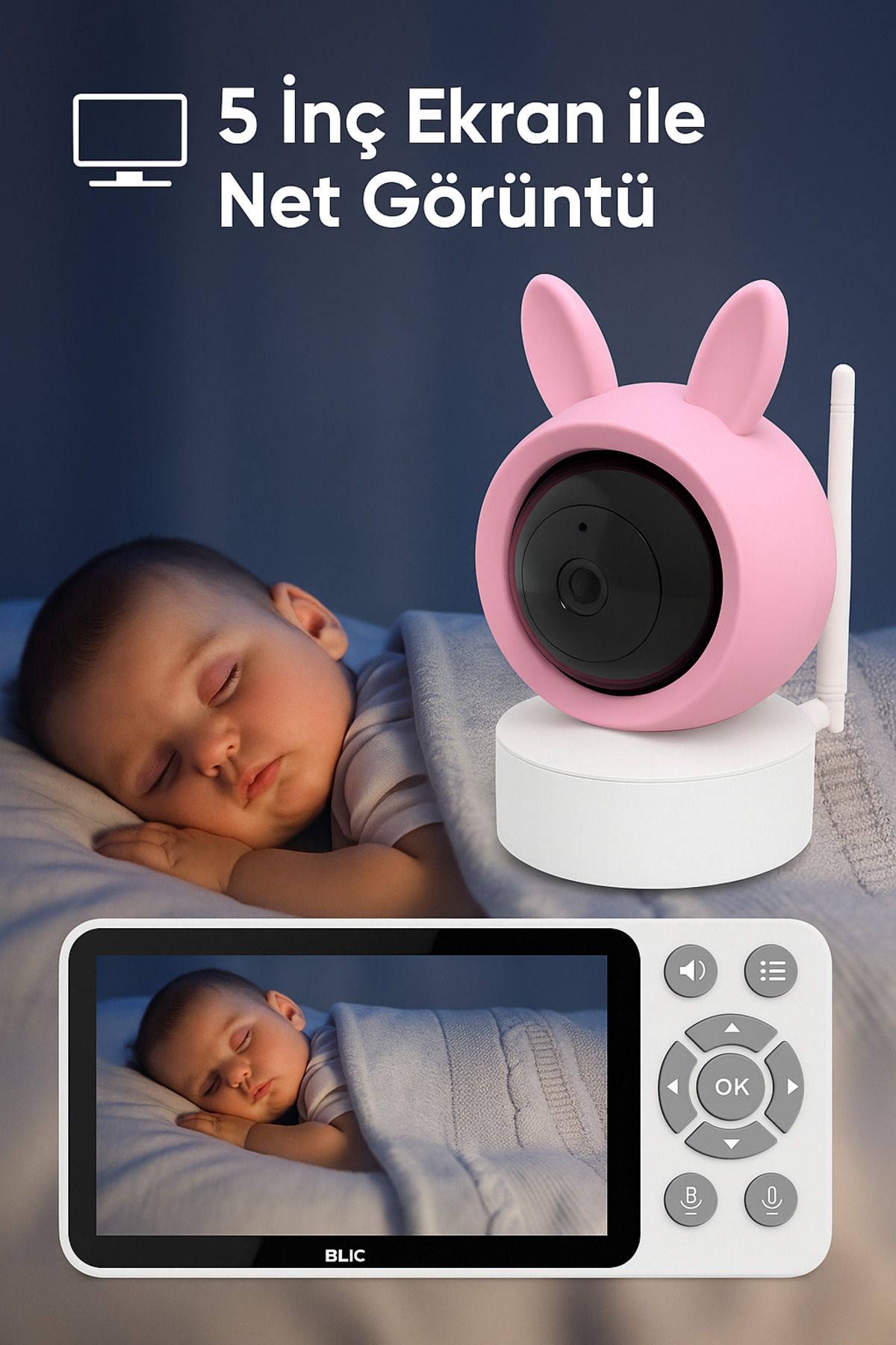 SMAYLİNG WiFi Bebek Kamerası 5 inç Ekranlı – 1080P HD, Tuya App, Gece Görüş, Hareket & Ses Algılama