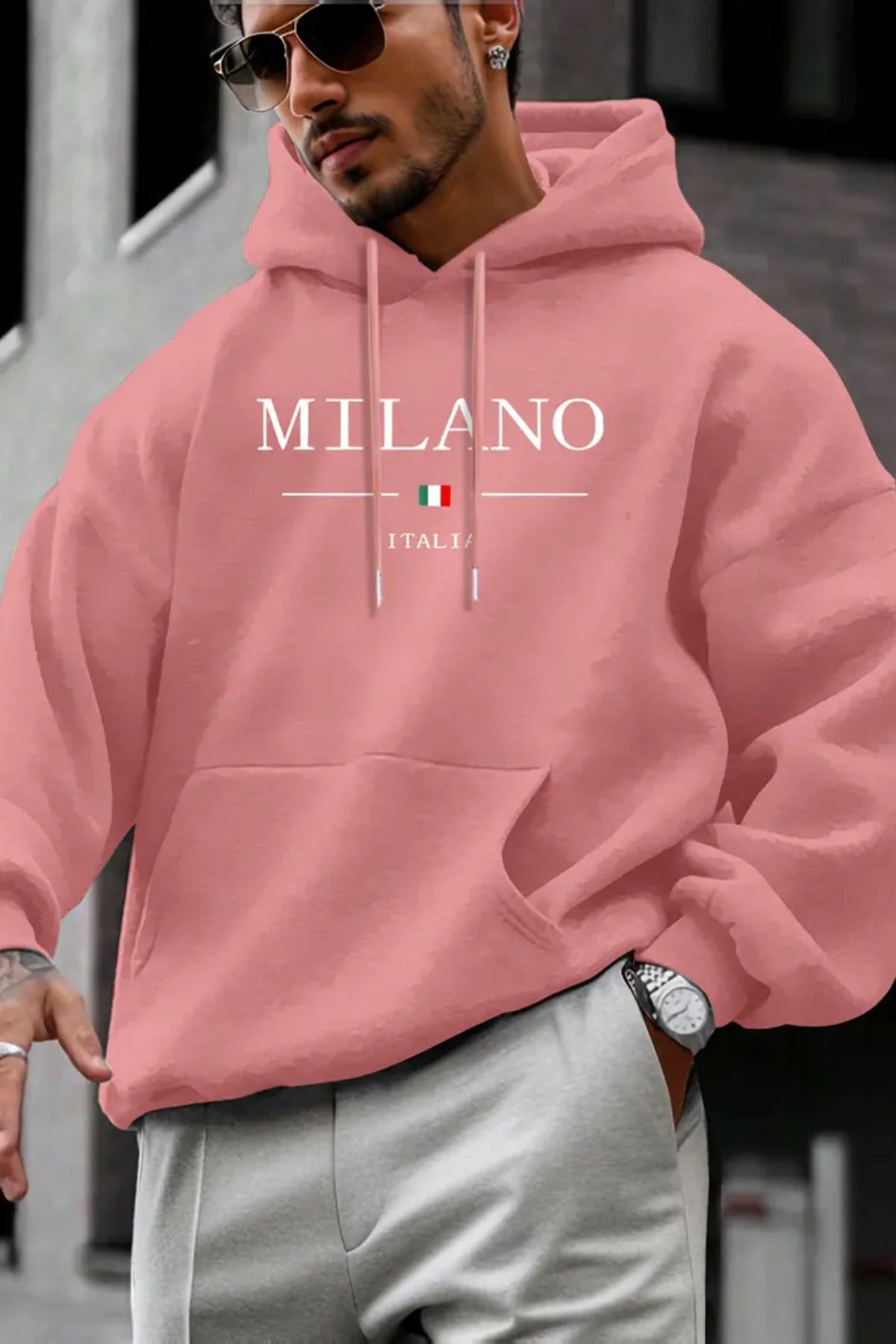GBRO Unisex Milano Baskılı Üç İplik Kapşonlu Oversize Swatshirt