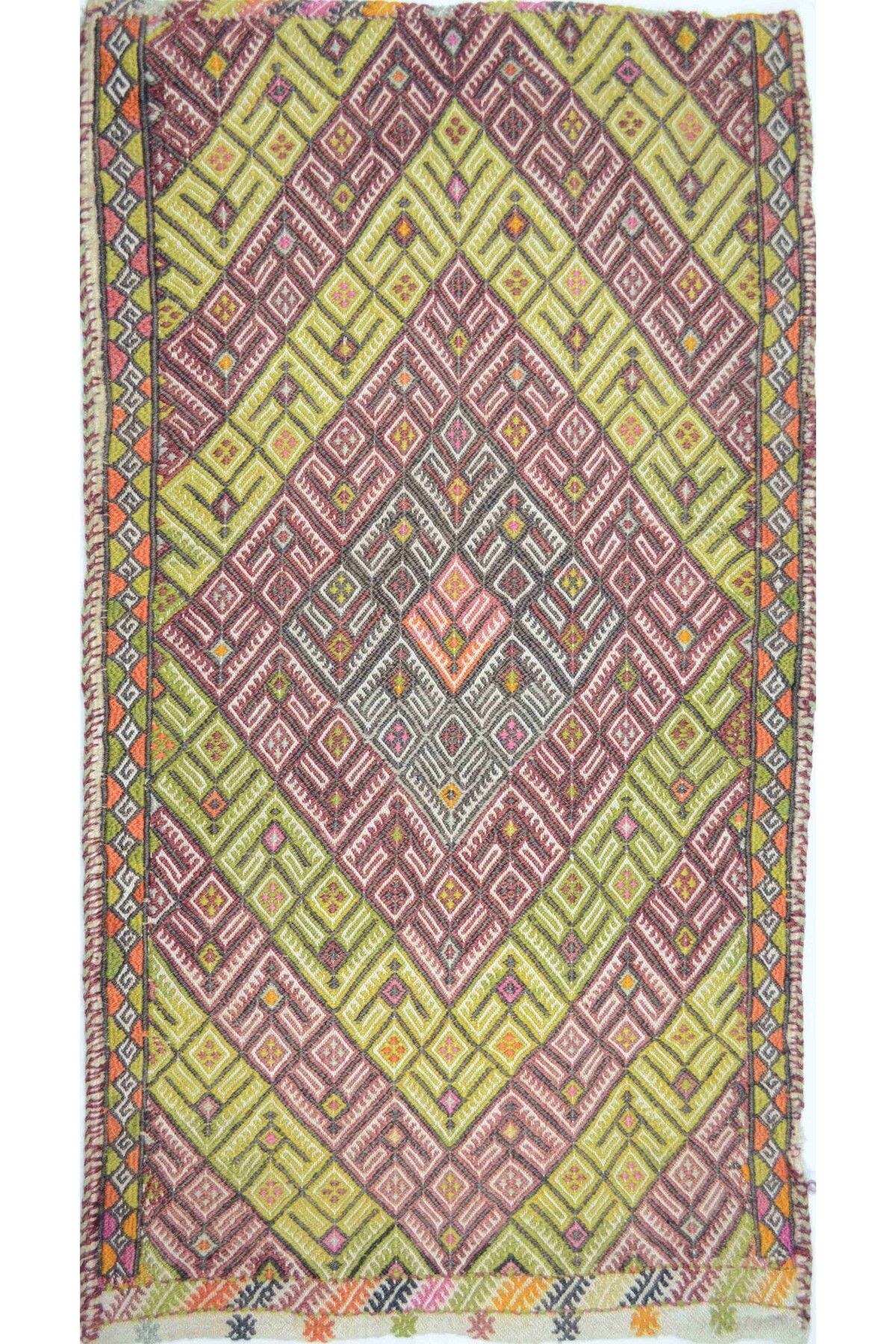 Handmade Vintage Konya Cicim El Dokuma Krem Zeminli Çok Renkli Yün Yastık 55x98 cm (0,53 m²)