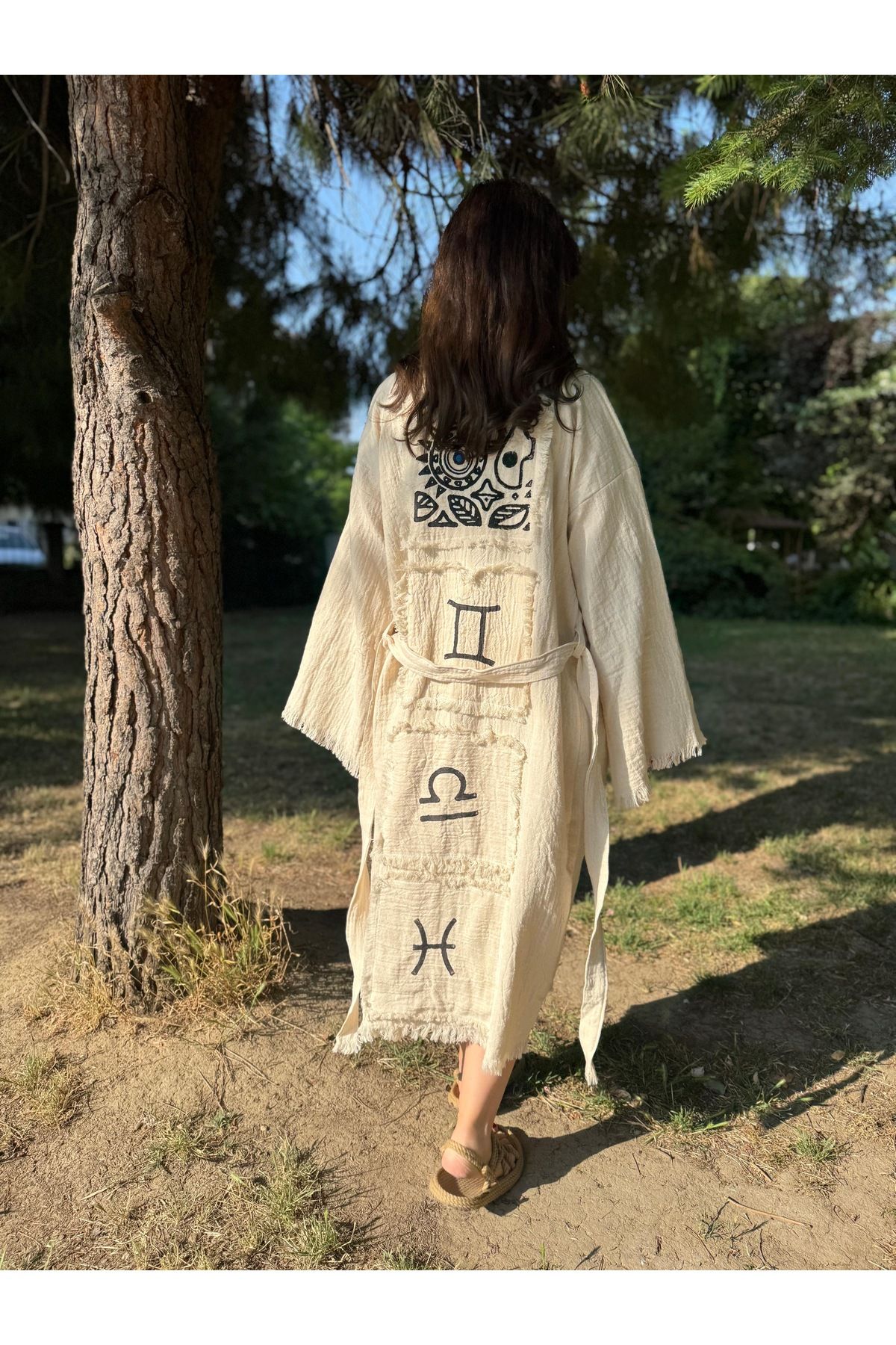 Hayat Ağacı Atölyesi “Burç” El Baskılı Müslin Kimono Plaj Elbisesi