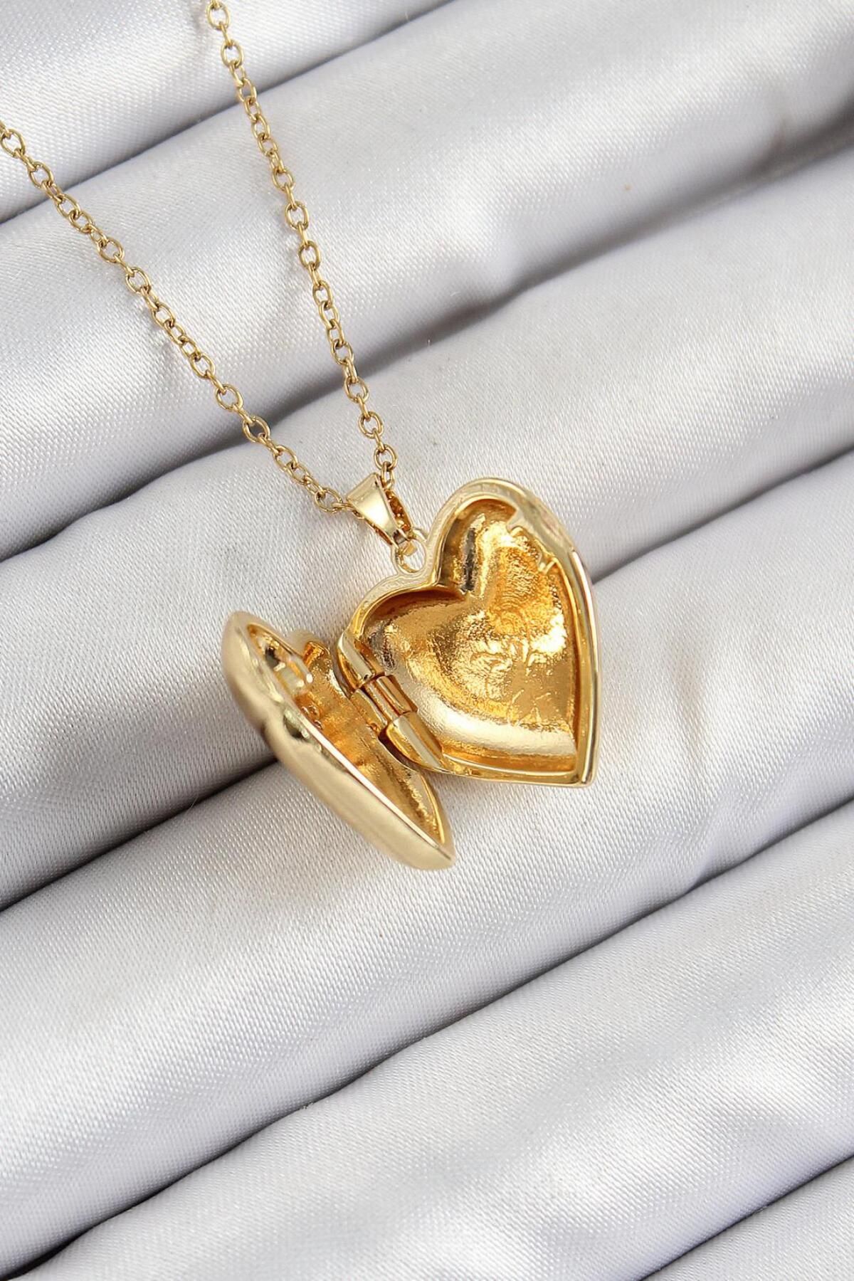 AfraBeauty 925 Ayar Paslanmaz Çelik Zincir Açılabilir Kelebek Figürlü Kalp Model Zirkon Taşlı Gold Kadın Kolye