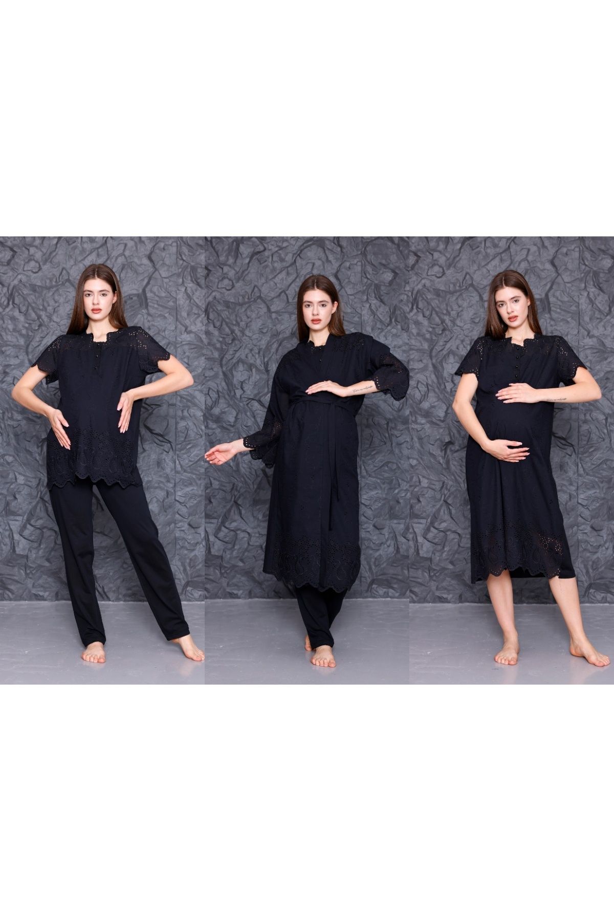 Yulem Homewear Siyah Fisto Keten Yazlık Lohusa Hamile Gecelik-Sabahlık, Pijama Takım 4'lü Set