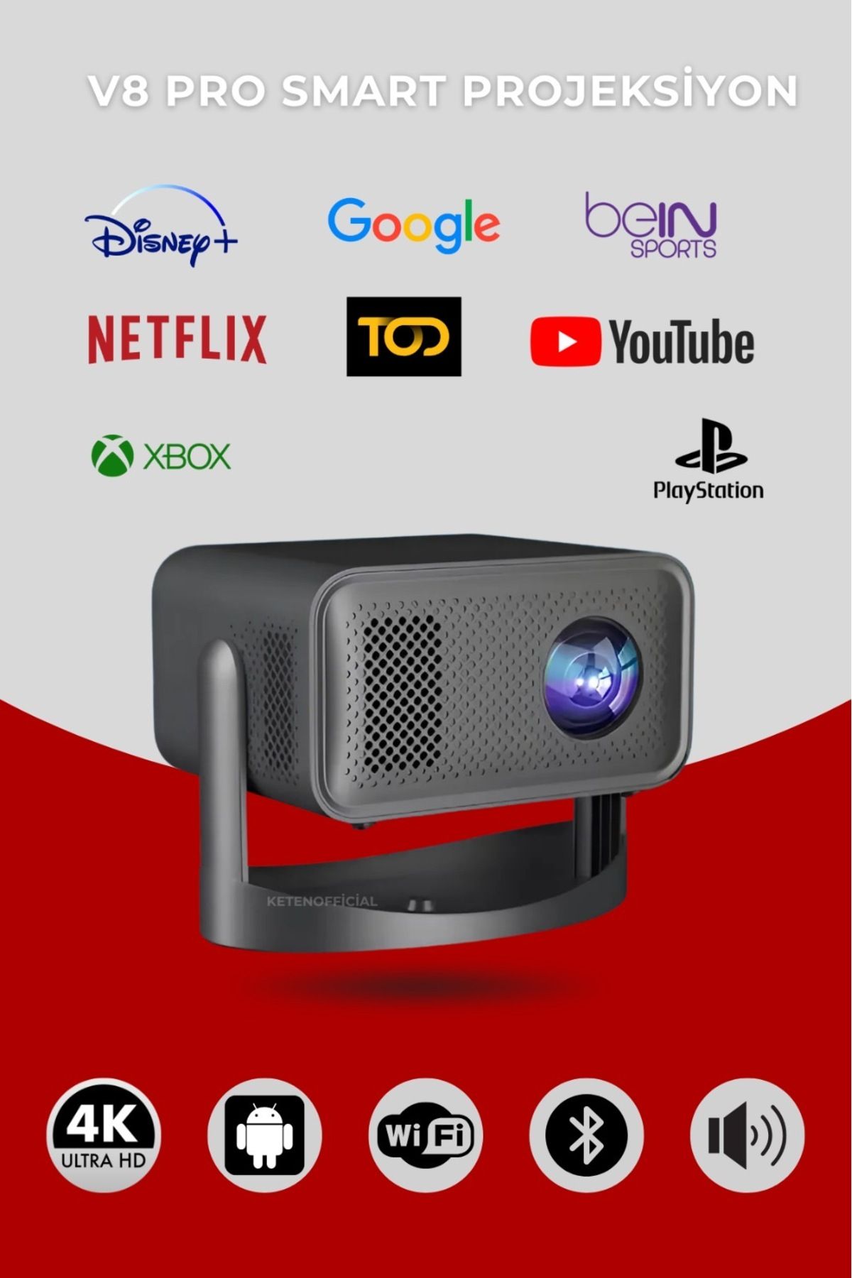 KETENOFFİCİAL V8 Smart Taşınabilir Android Projeksiyon Dahili Hoparlör Ve Wifi Akıllı Sinema Projektör