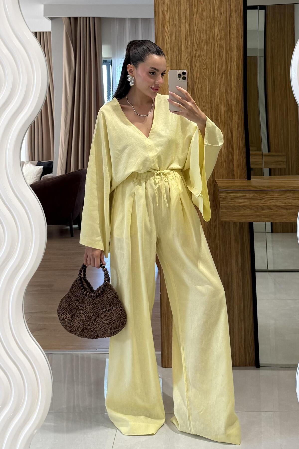 Gizem Ecemiş Eliska Sarı Ham Keten Yarasa Kol Takım