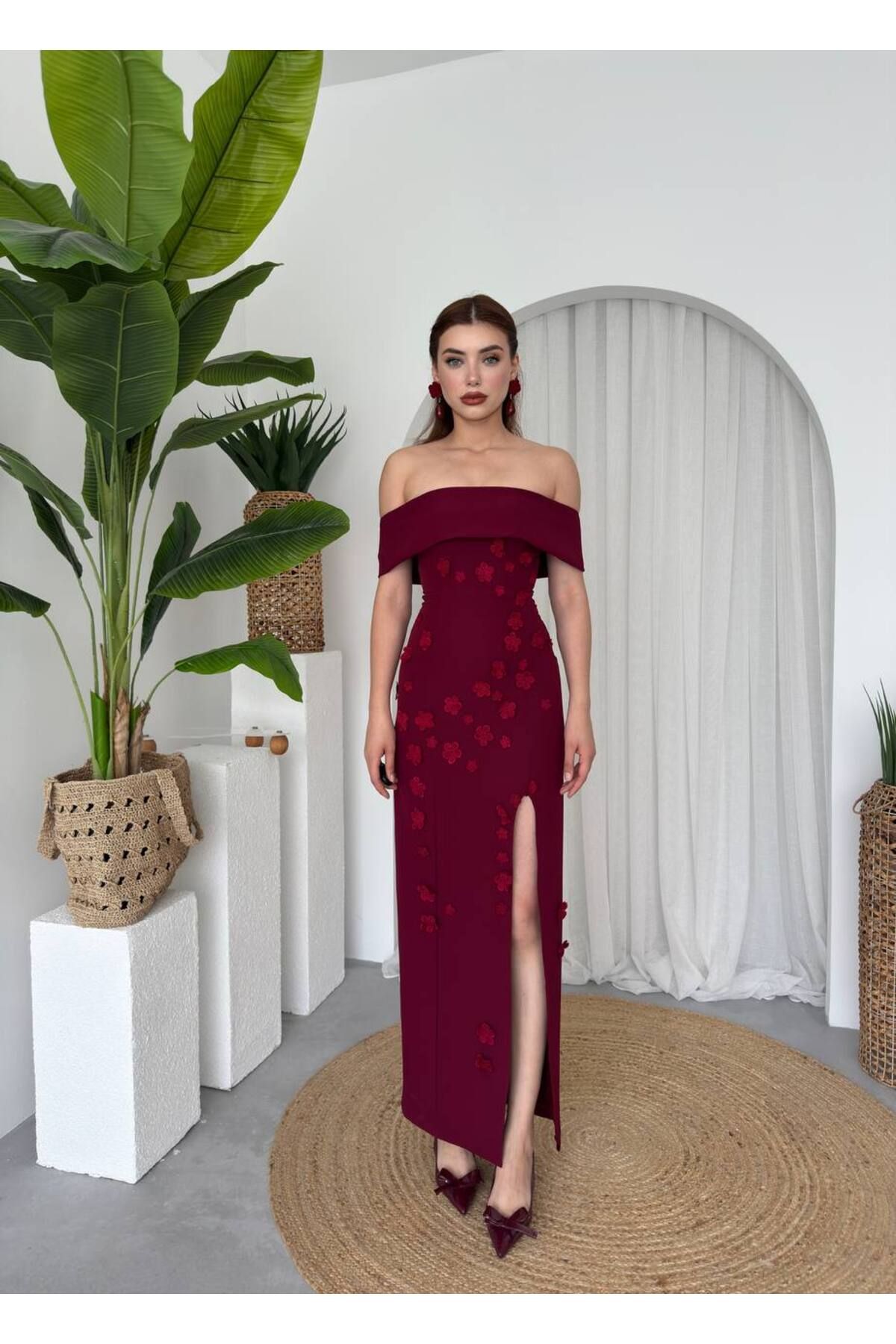 conconmoda Cası Straplez Papatya Detay Uzun Atlas Elbise