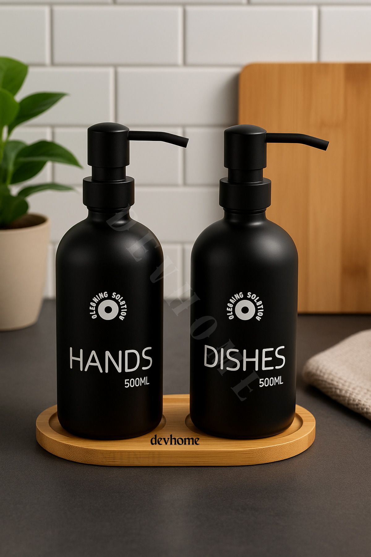 devhome Siyah Cam İkili Sıvı Sabunluk Seti Dish & Hand Soap Yazılı Bambu Standlı Mutfak Banyo Şampuanlık