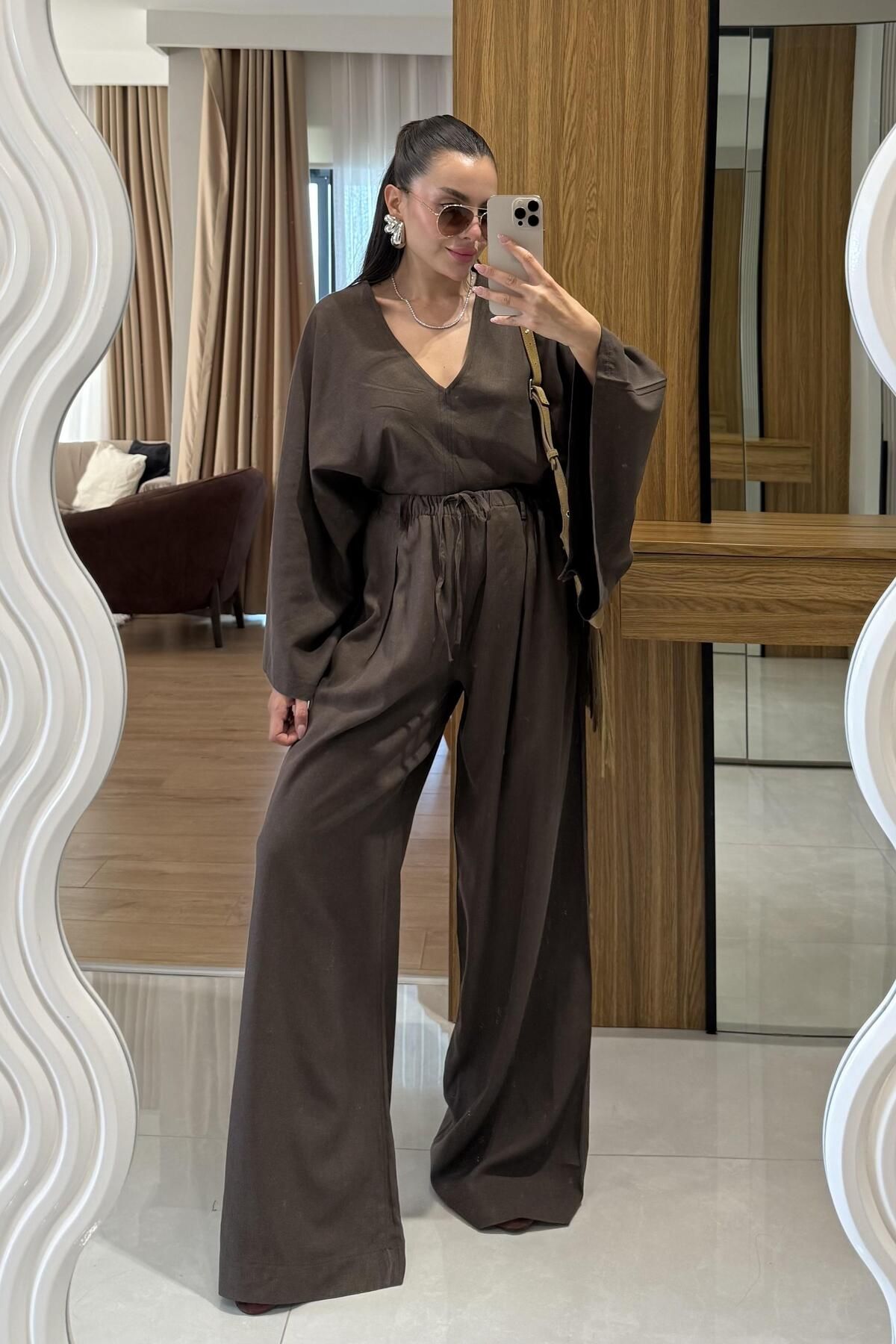Gizem Ecemiş Eliska Acı Kahve Ham Keten Yarasa Kol Takım