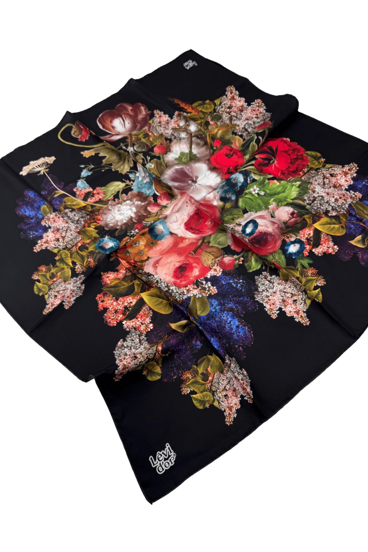 Levidor Twill İpek Eşarp LD4237-01 Çiçekli Desen SİYAH-NAR ÇİÇEĞİ