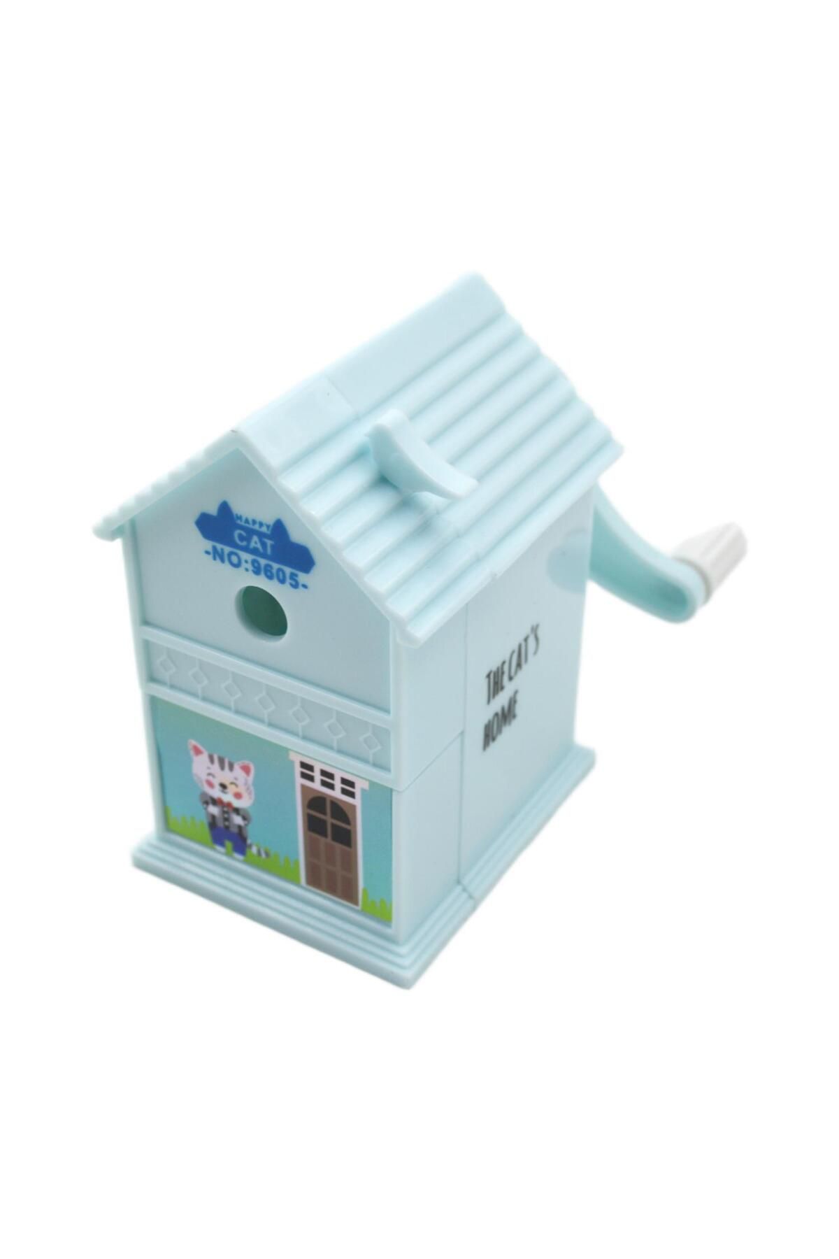 Bafix Dream Cabin Ev Şekilli Masaüstü Kollu Kalemtıraş Mavi Kedi 9605