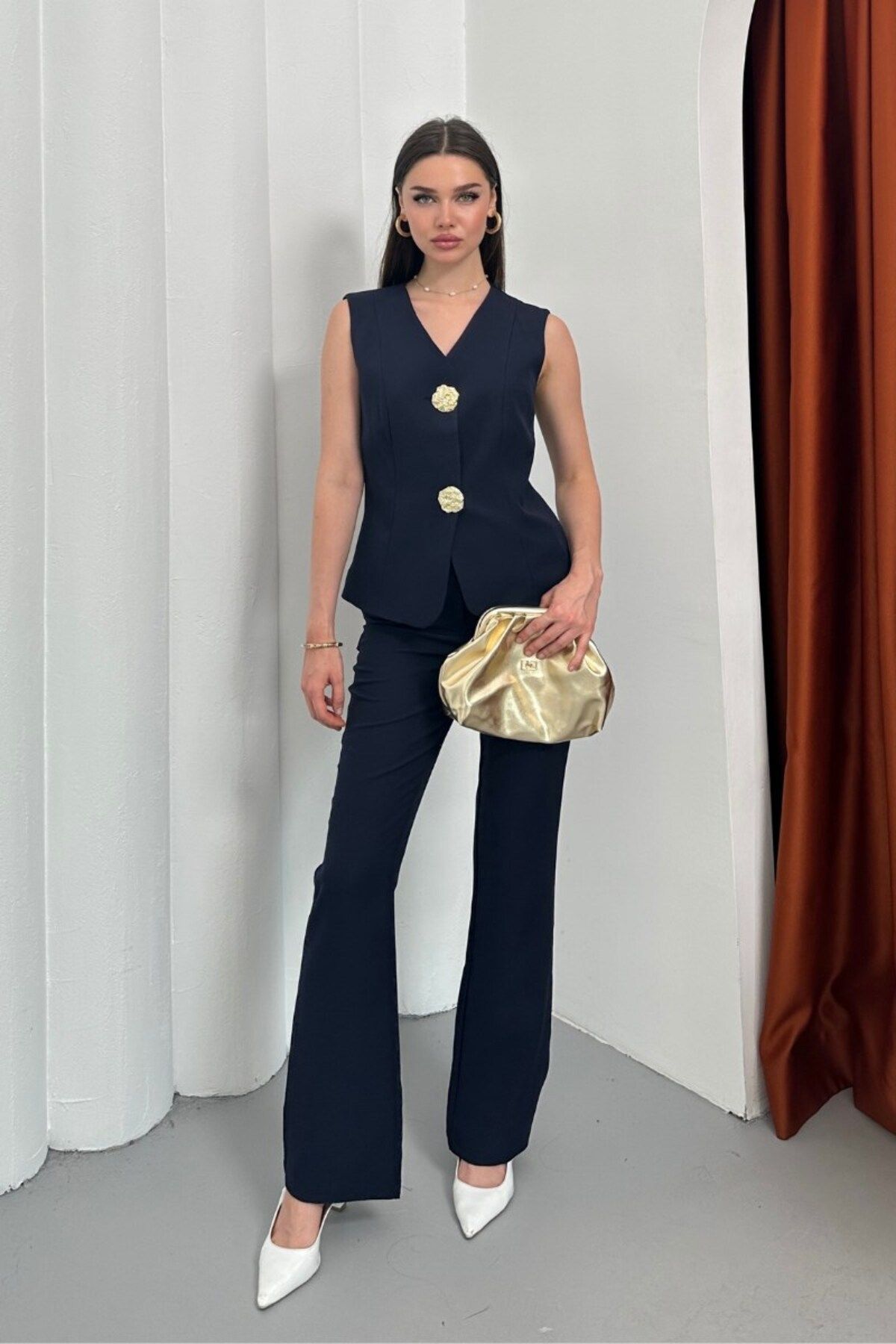 AKD Atelier Kadın İkili Alt Üst Takım Şık Düğme Detaylı Yelek Pantolon Takım