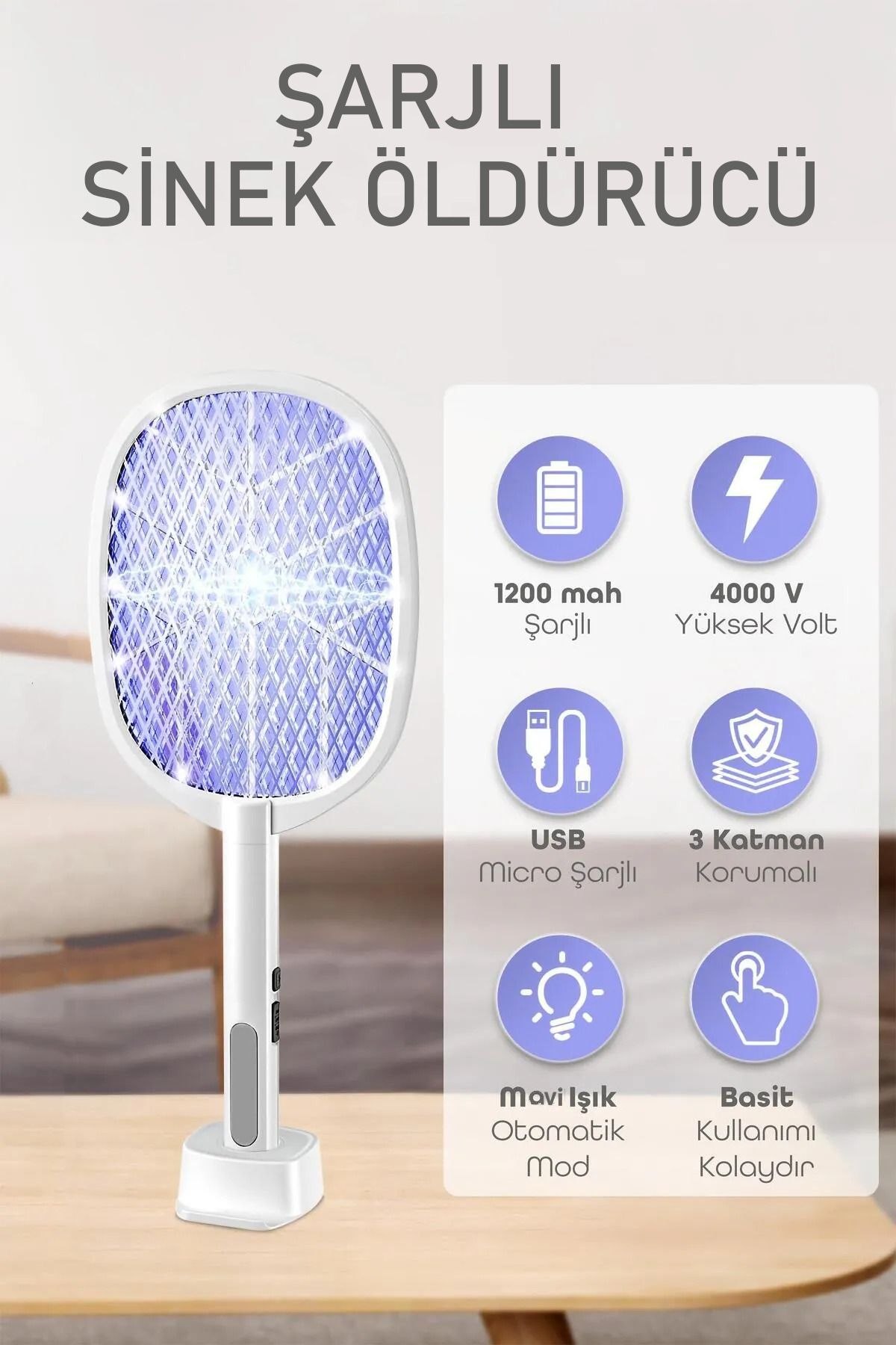 nextbuy USB Şarjlı Uv Işıklı Elektrikli Sivrisinek Öldürücü Kovucu Raket Sinek Öldürücü Sineksavar LTD-618