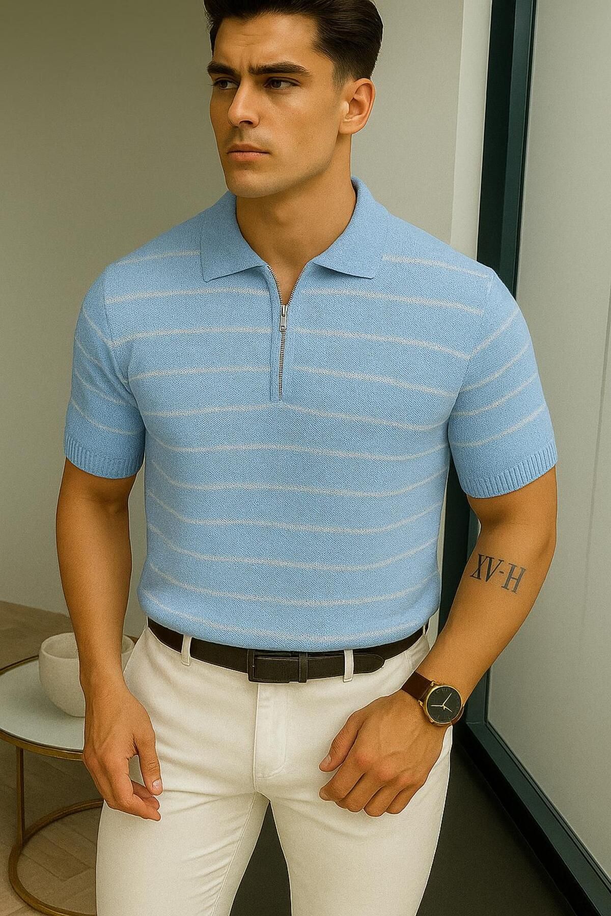 LC Waikiki Polo Yaka Şık Tasarım Fermuarlı Çizgili Kısa Kollu Erkek Yazlık Triko Tişört / T-shirt