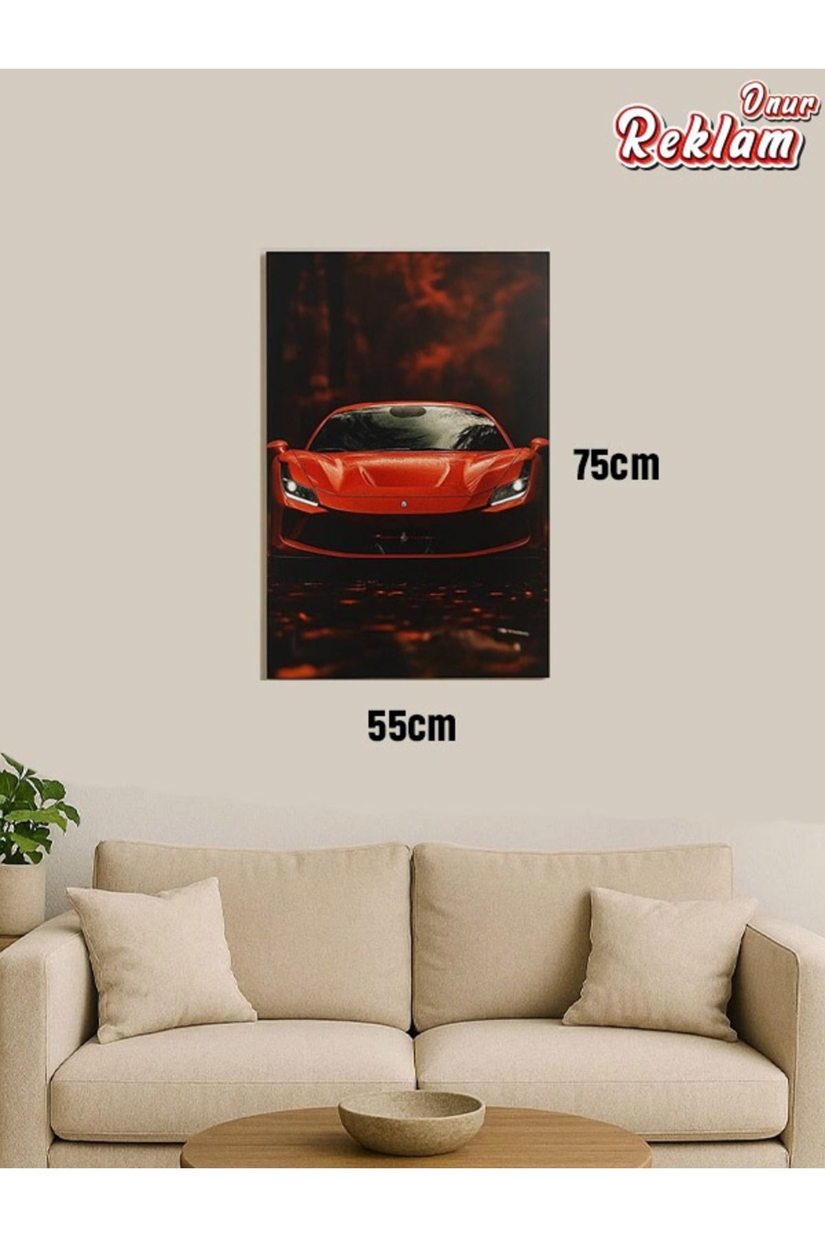 onurreklamonline Kırmızı Ferrari Temalı Dekota Tablo – 75x55 cm – Spor Araba Duvar Dekoru – Modern ve Şık Tasarım