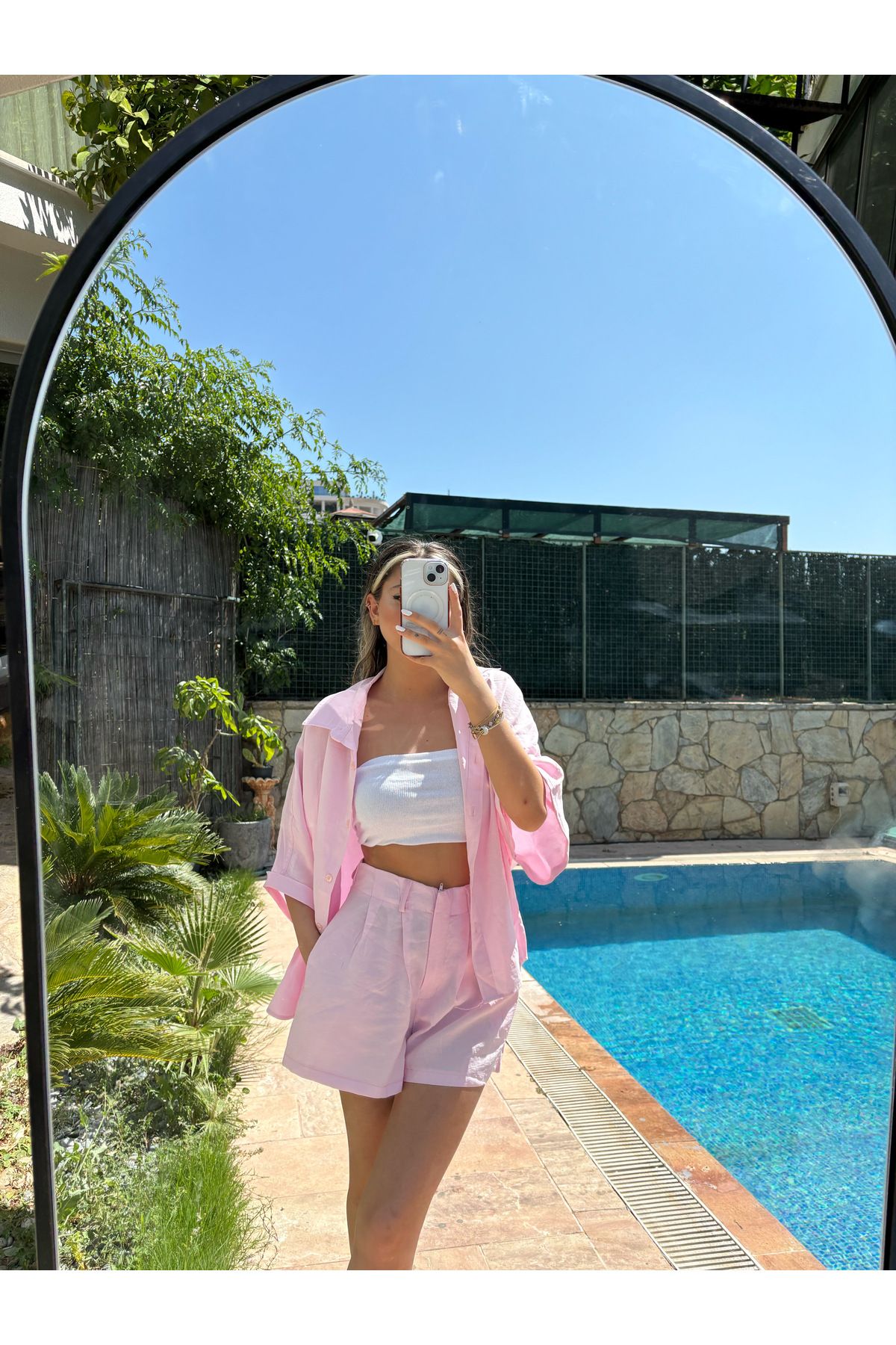 MODA Pudra Pembe Kısa Kollu Gömlek Ve Şort İkili Takım