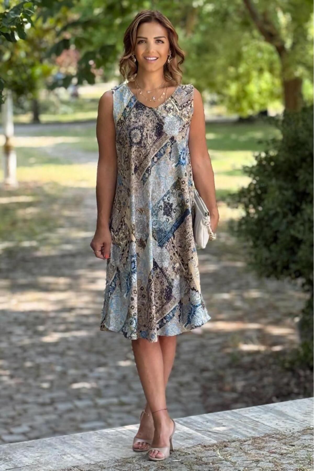 Nevin Kaya Moda Kolsuz Taş Rengi Amber Desenli Pamuklu Elbise