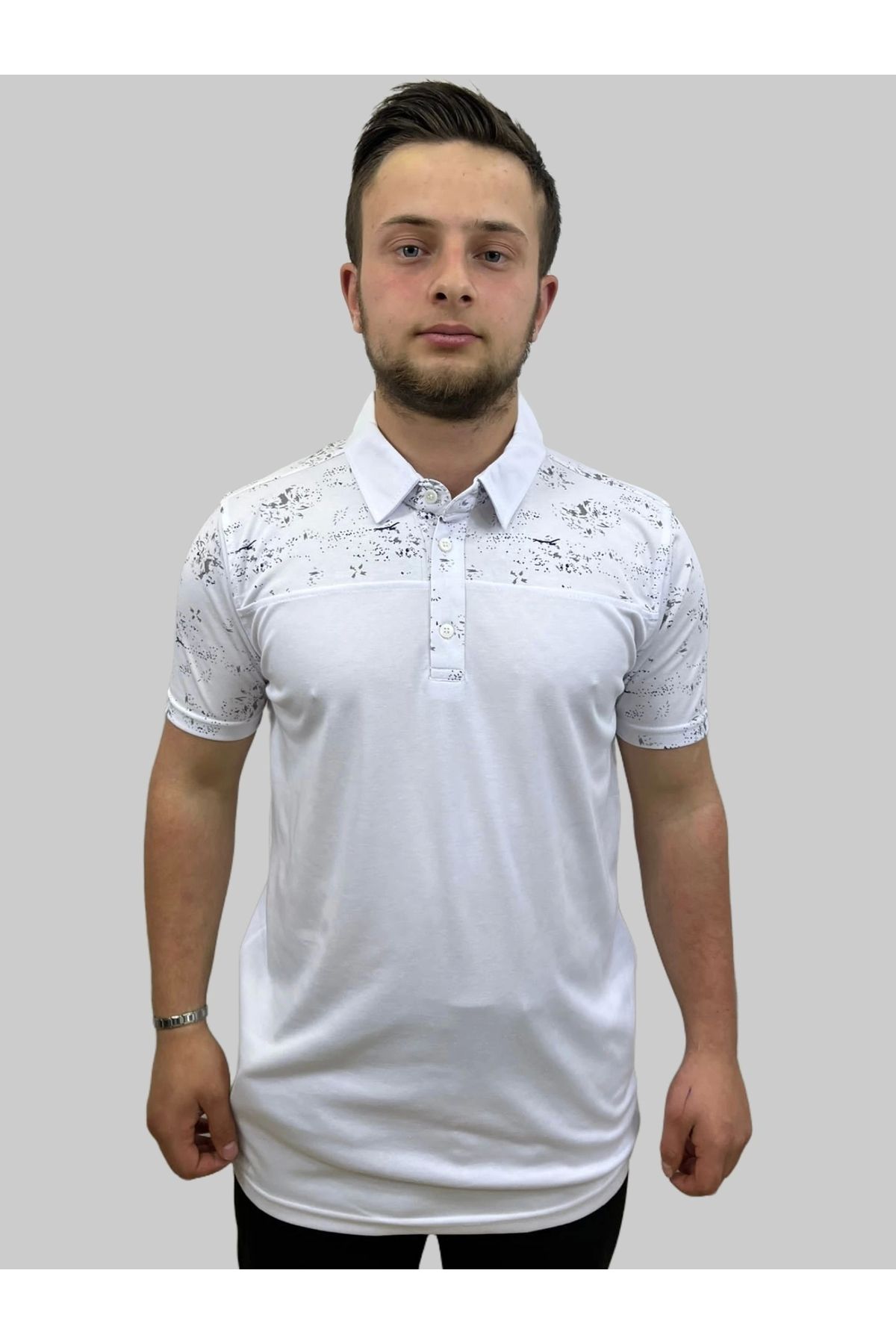 daniel milano Erkek Gnsn Desenli Oxfort Polo Yaka Parçalı Beyaz Tişört