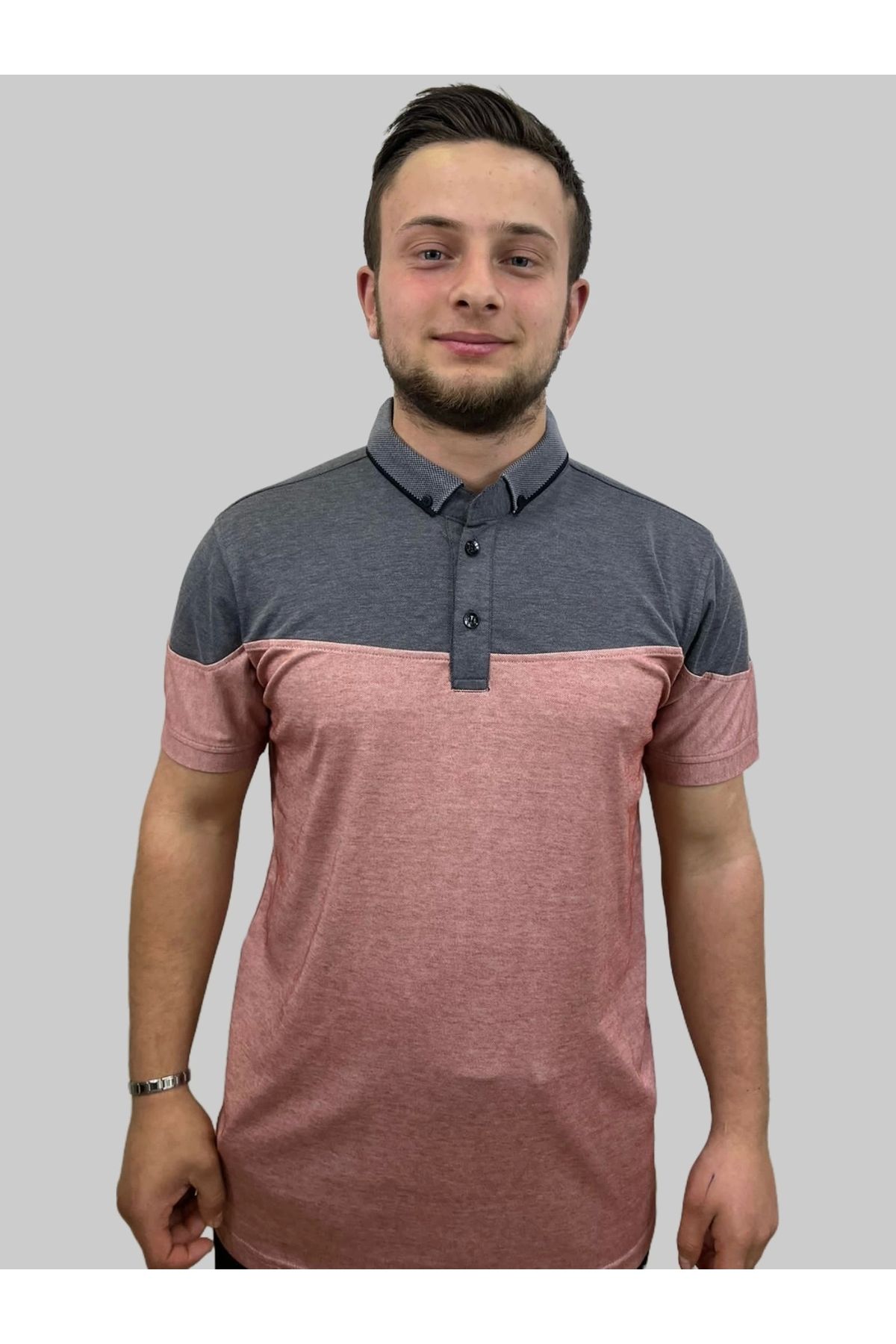 daniel milano Erkek Gnsn Parçalı Polo Yaka Düğmeli Füme-Gül Kurusu Tişört
