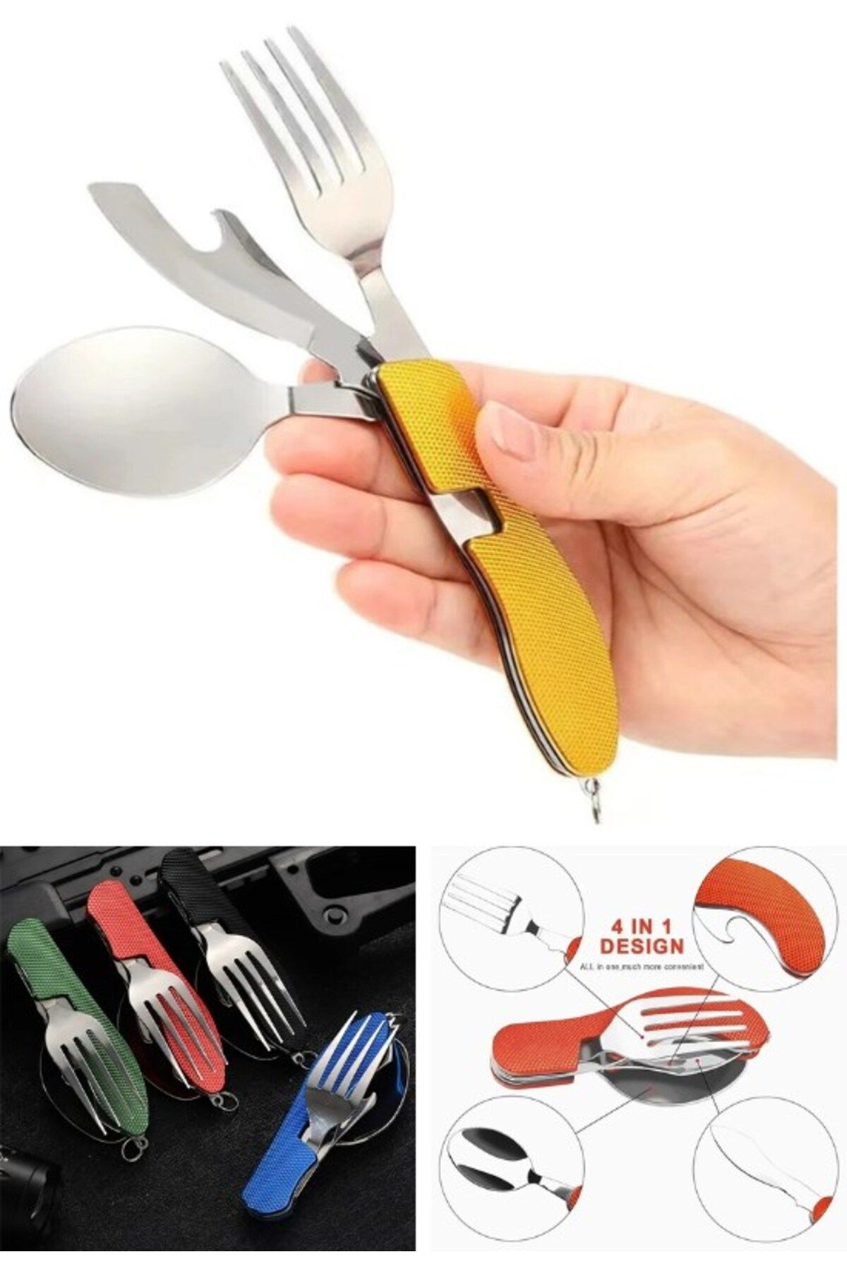 Deco Elit Katlanabilir Sofra Bıçak Kaşık Çatal 4in1 Yemek Kaşığı Paslanmaz Çelik Şişe Açacağı Taşınabilir Sof