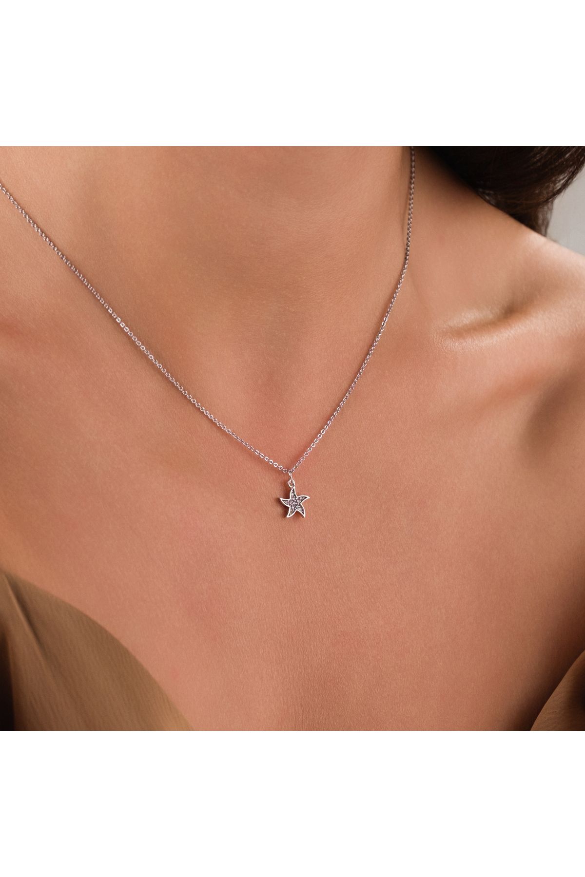 HOBİSY GIFT SHOP Minimal Tasarım Zirkon Taşlı Deniz Yıldızı Çelik Kolye–Kararmaz, Şık ve Zarif Tasarım -Gümüş Kaplama