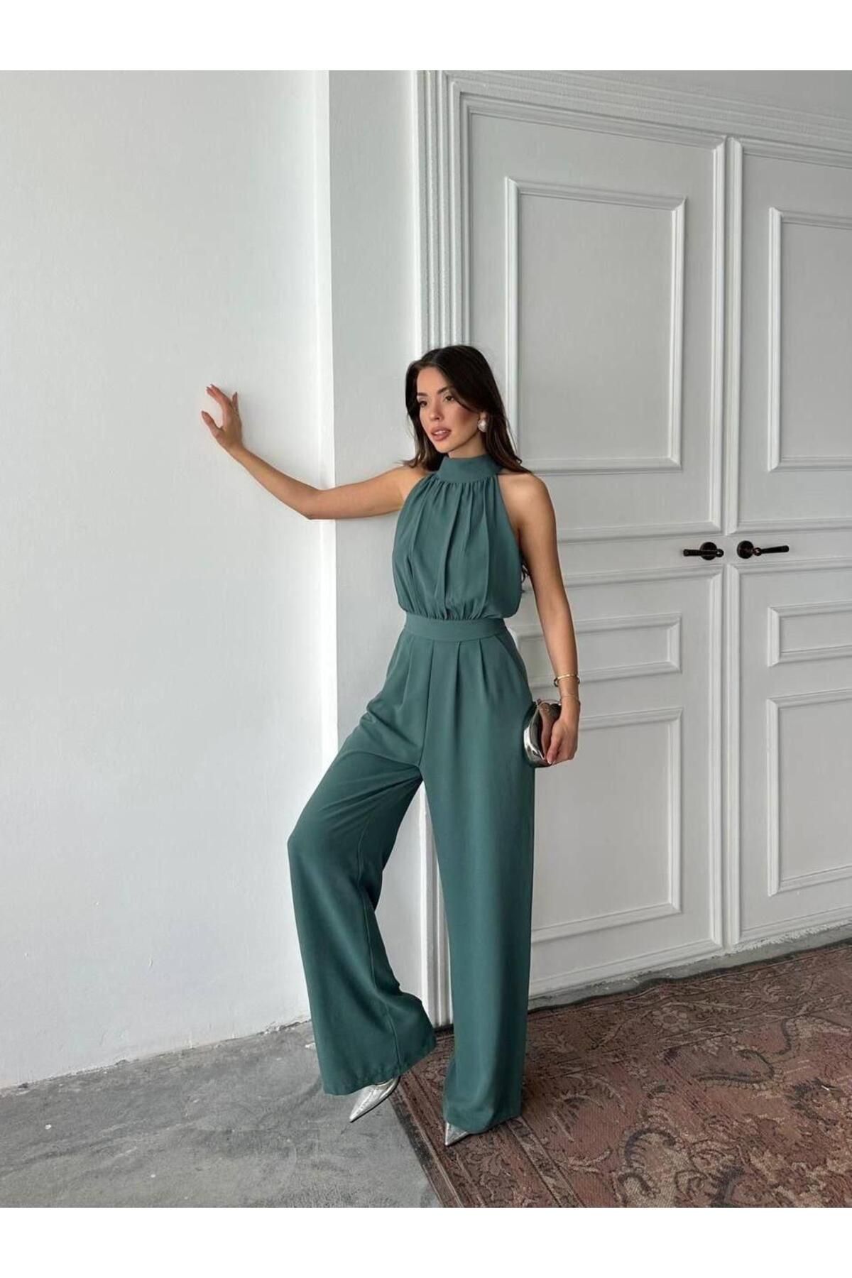 MAXMOOR Kadın Yeşil Halter Yaka Uzun Belden Oturtmalı Tulum