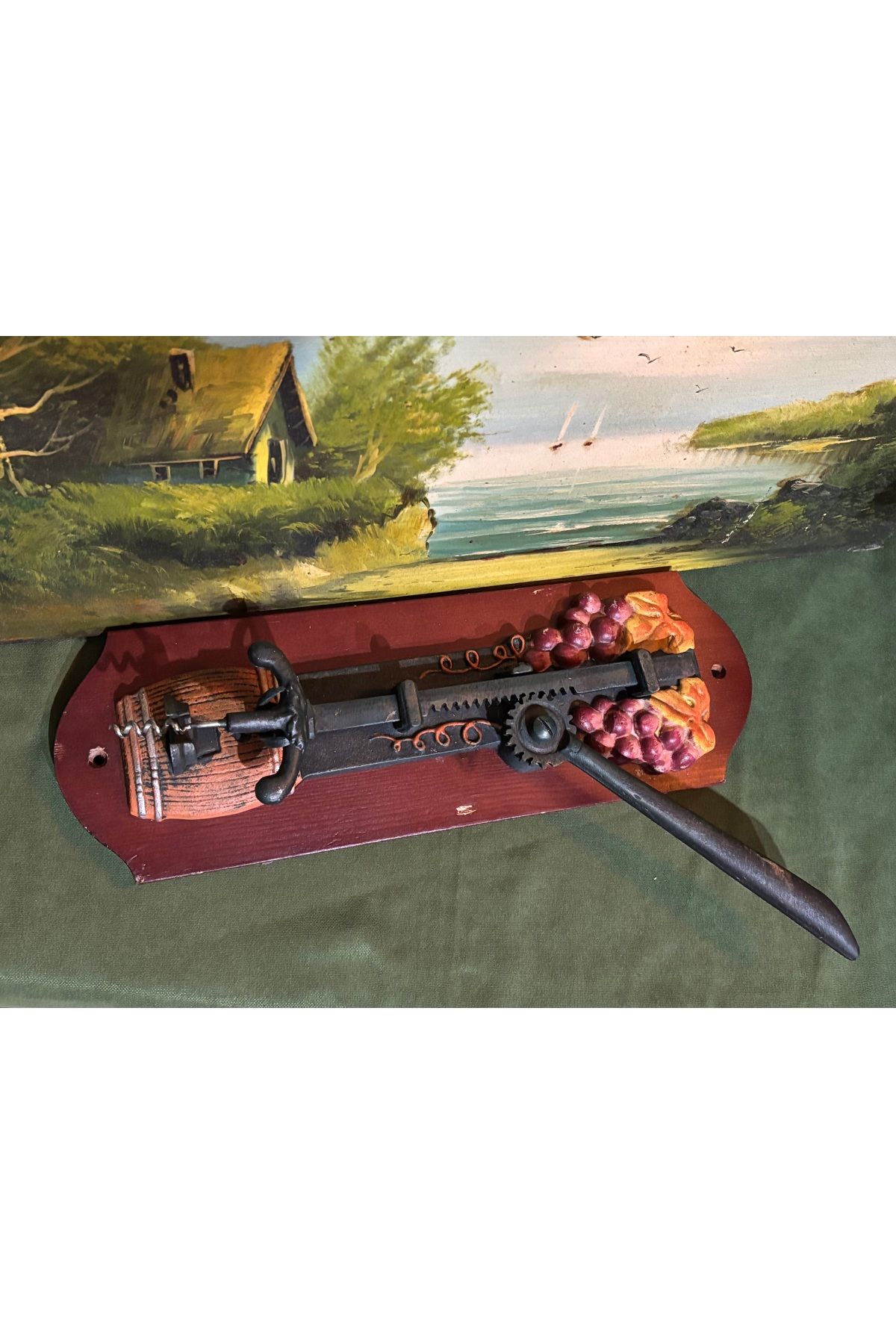tayfuntufan antika koleksiyon-Wall Mounted Metal Wine Opener Corkscrew on Wooden Base Measures 41 cm 14 cm 5